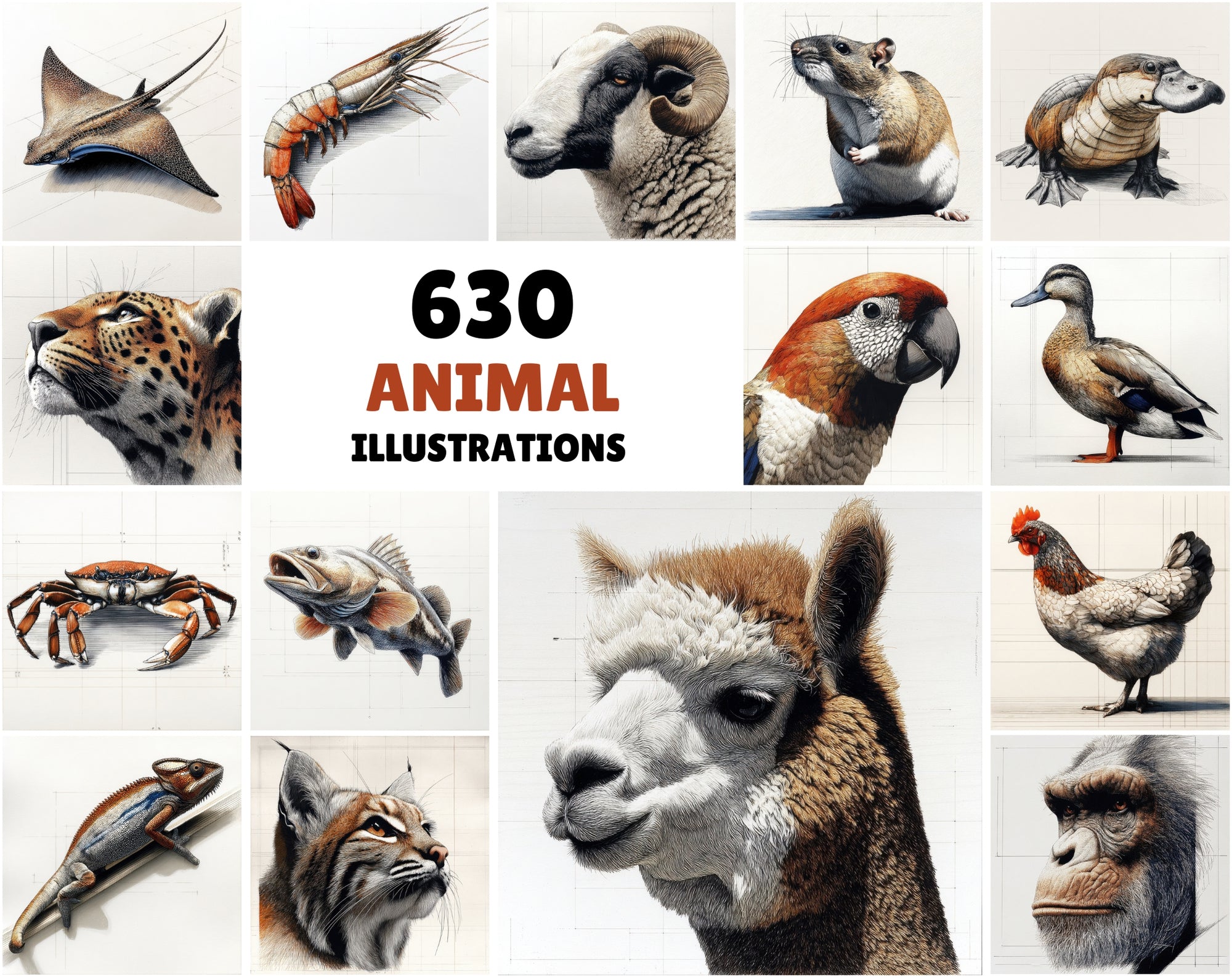 630 Animal Sketch Illustrations – High-Resolution JPGs with Commercial License