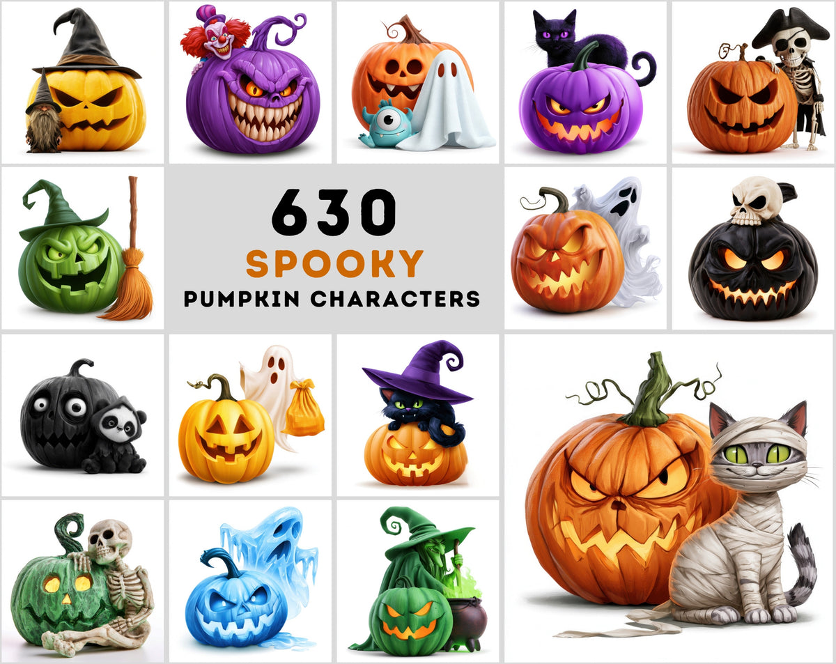 632 Halloween Cartoon Pumpkin Clipart Bundle – Spooky Jack-o’-Lantern Characters on White Background,