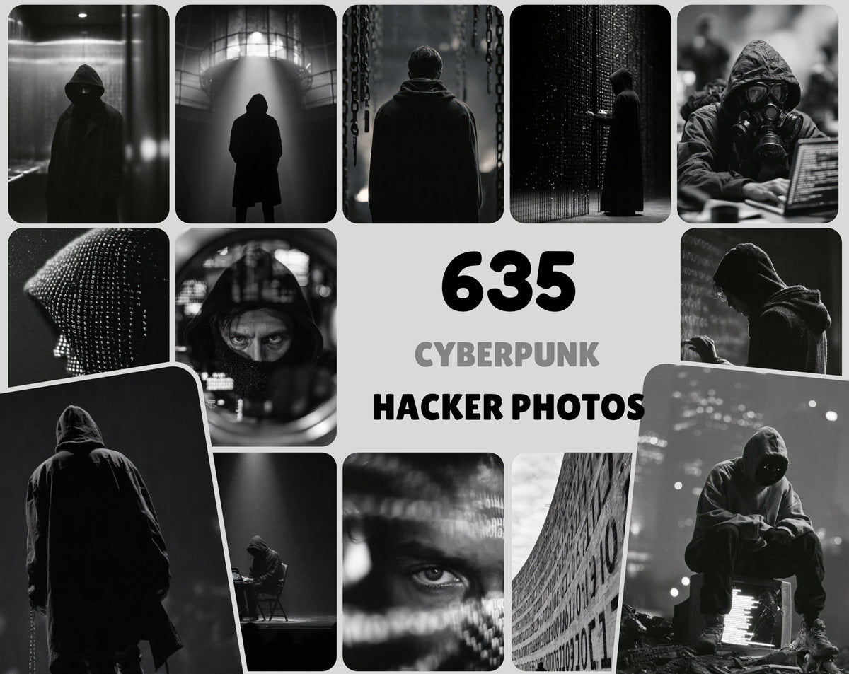 635 Hacker Images Bundle – Black & White Cyberpunk Photography, Binary Code & Hooded Hacker Wallpapers, 9:16 JPG, Commercial License