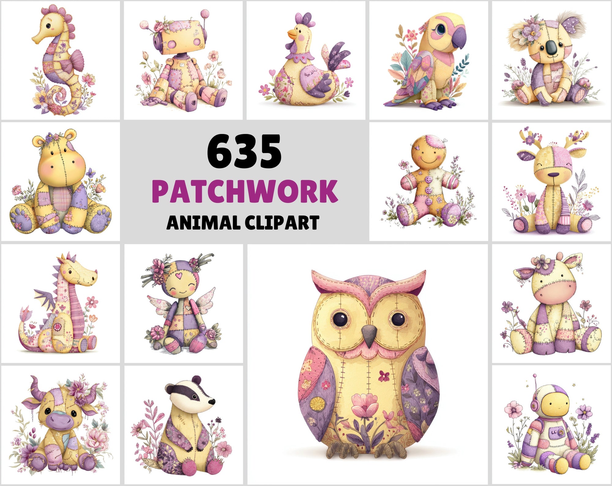 635 Patchwork Animals Clipart Bundle | Cute Stitched Fabric Dolls | Nursery & Kids Designs