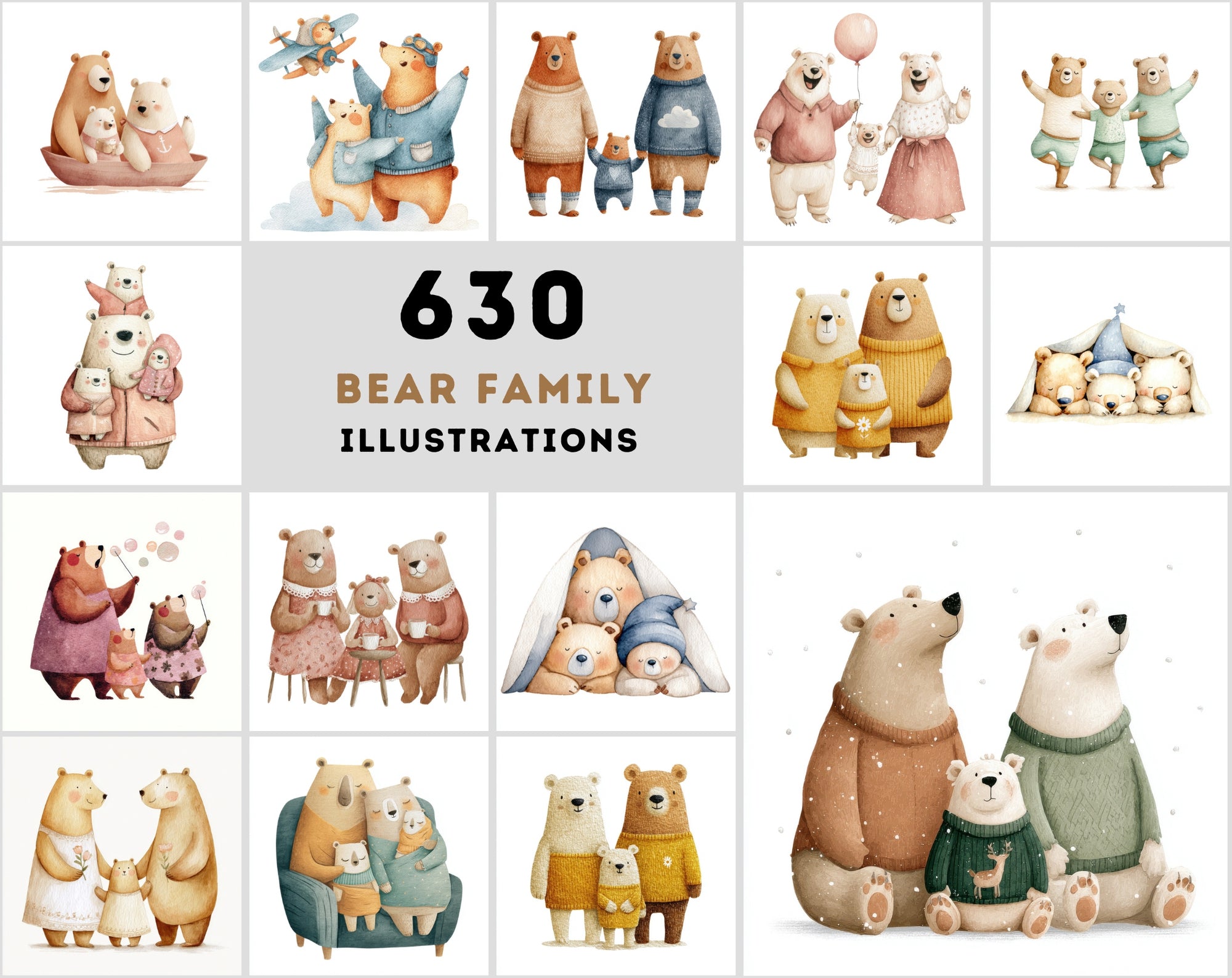 635 Scandinavian Bear Family Watercolor Illustrations | Nursery Wall Art Clipart | Whimsical Storybook Bears