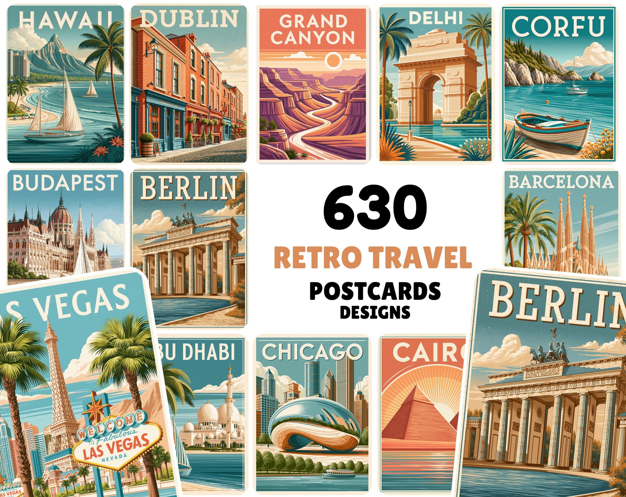 635 Vintage Travel Postcards Bundle, Printable City Posters, Retro Landmark Wall Art