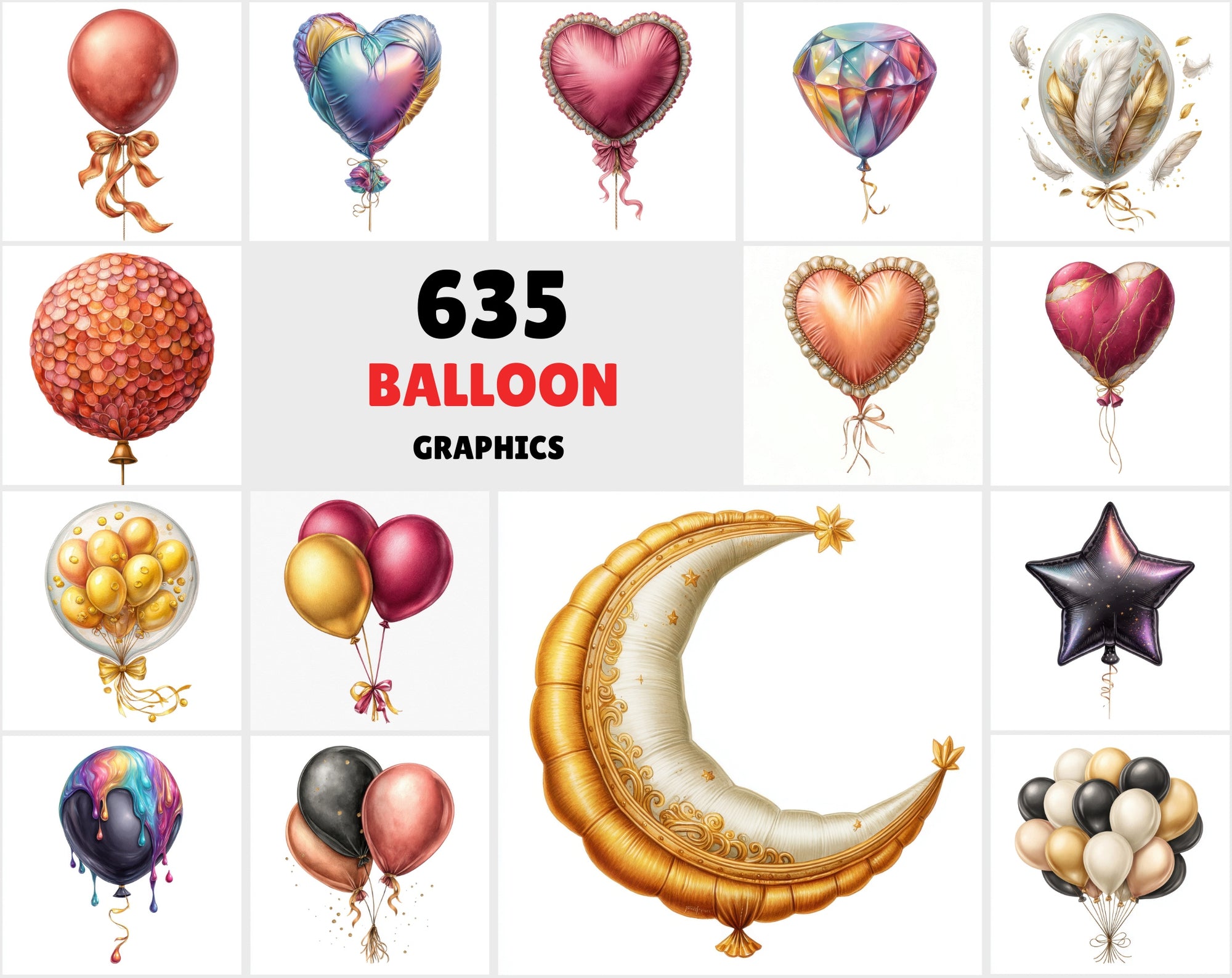 635 Watercolor Balloon Clipart Bundle • Metallic & Luxury Balloon Set