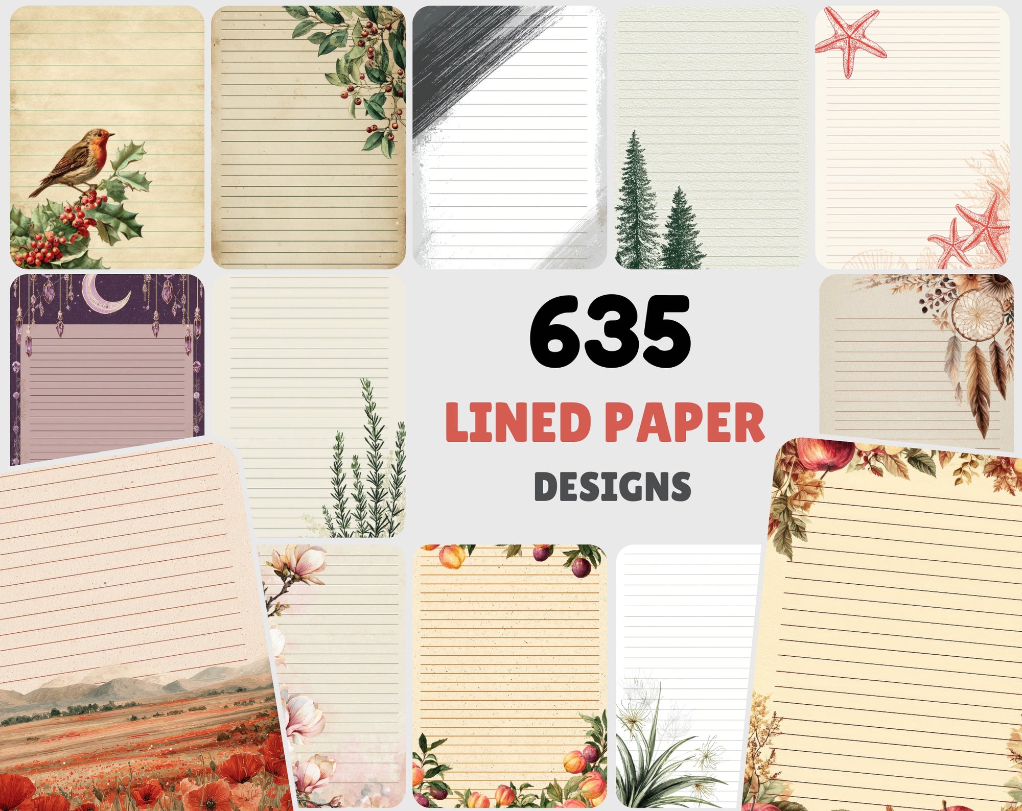 636 Decorative Lined Paper Designs — Boho, Vintage, Cottagecore, Modern Styles for Journals, Planners and Printables