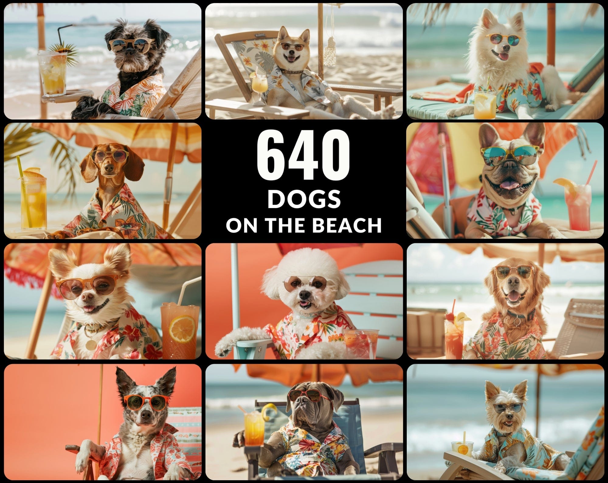 640 Adorable Dogs on the Beach with Cocktails Digital Download Sumobundle