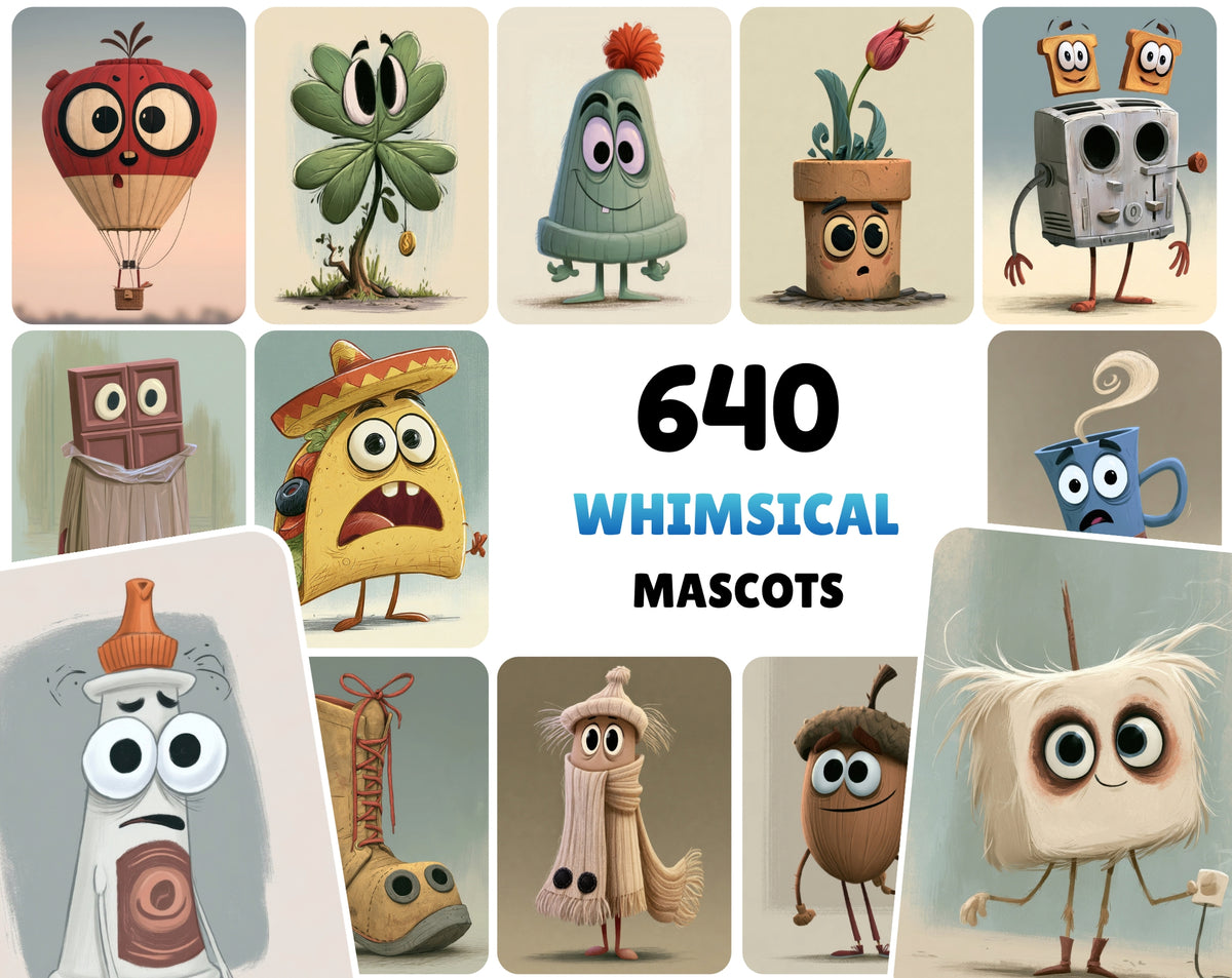 640 Cute Mascot Character Images – Whimsical Object Mascots with Big Eyes, High-Res JPG, Commercial License