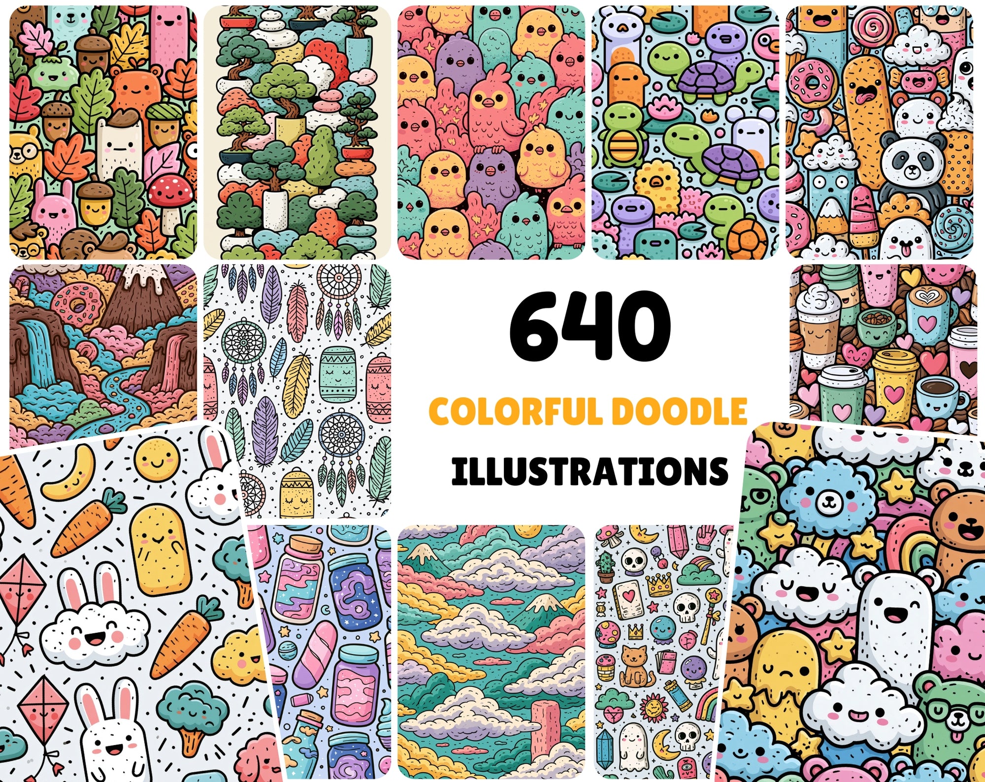 640 Doodle Art Clipart Bundle | Colorful Rainbow Dreamland Doodles, Kawaii Cloud & Candy Illustrations