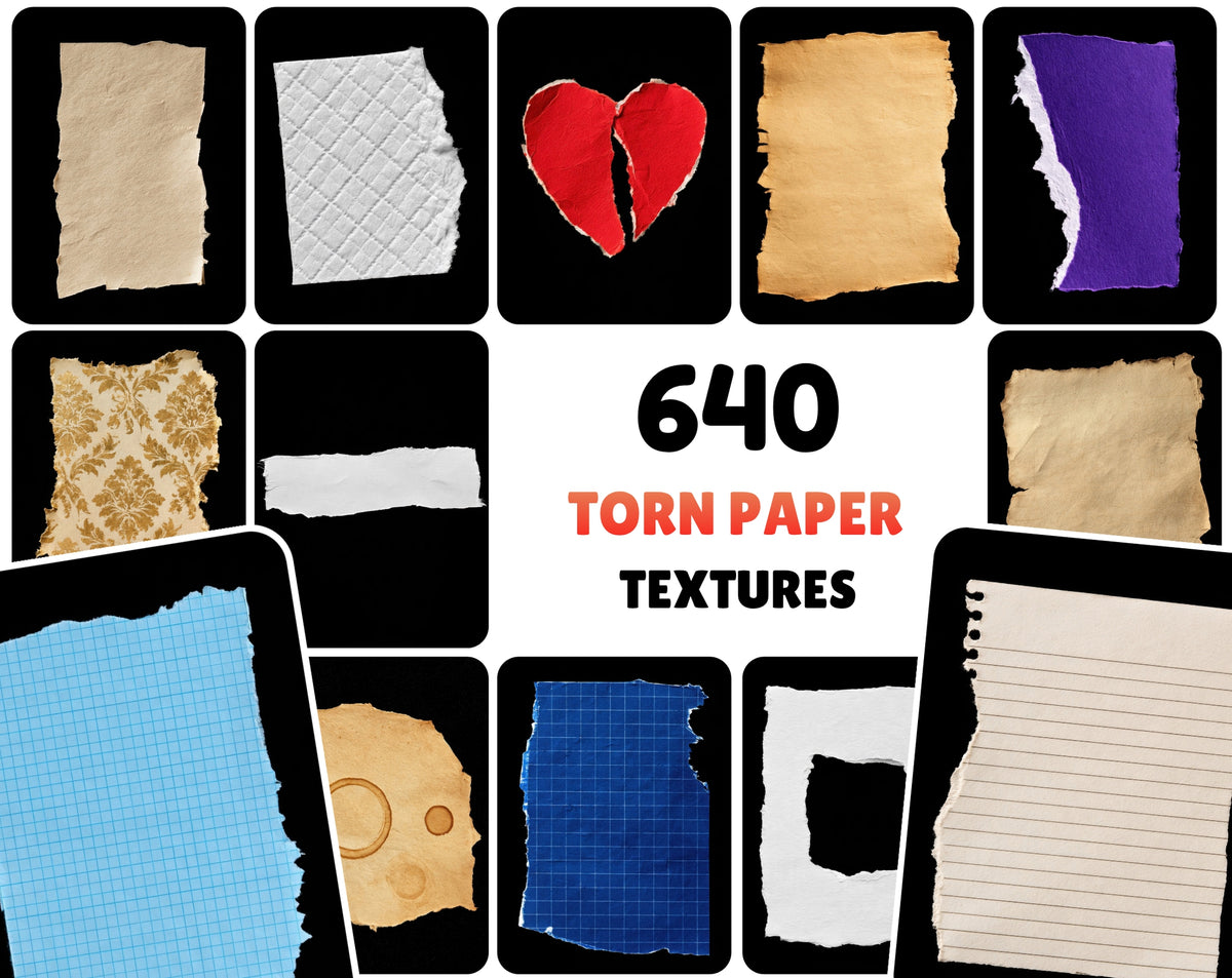640 Torn Paper Textures Bundle – Ripped Paper Edges & Collage Scraps