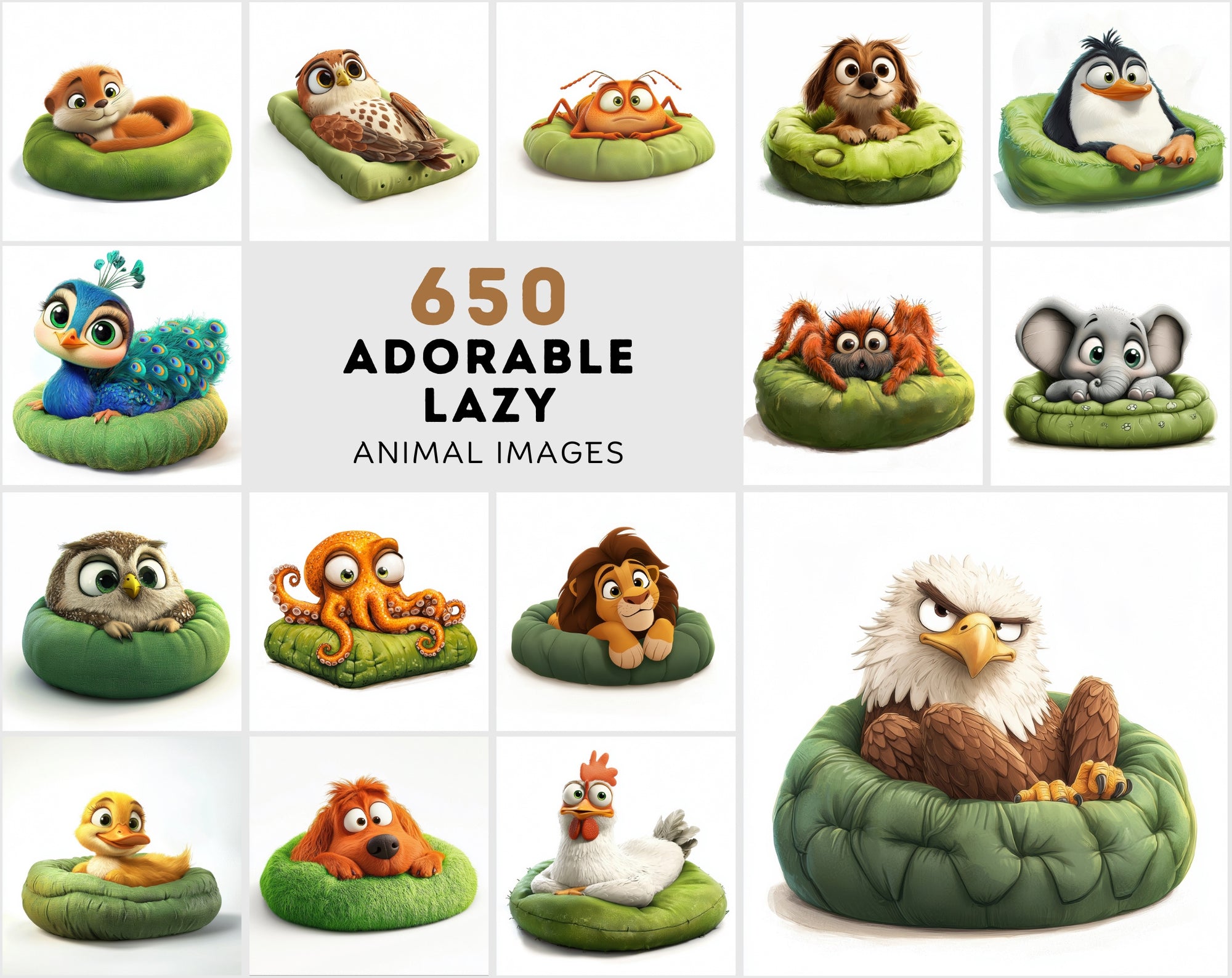 650 Adorable Lazy Animal Images on Green Pillow