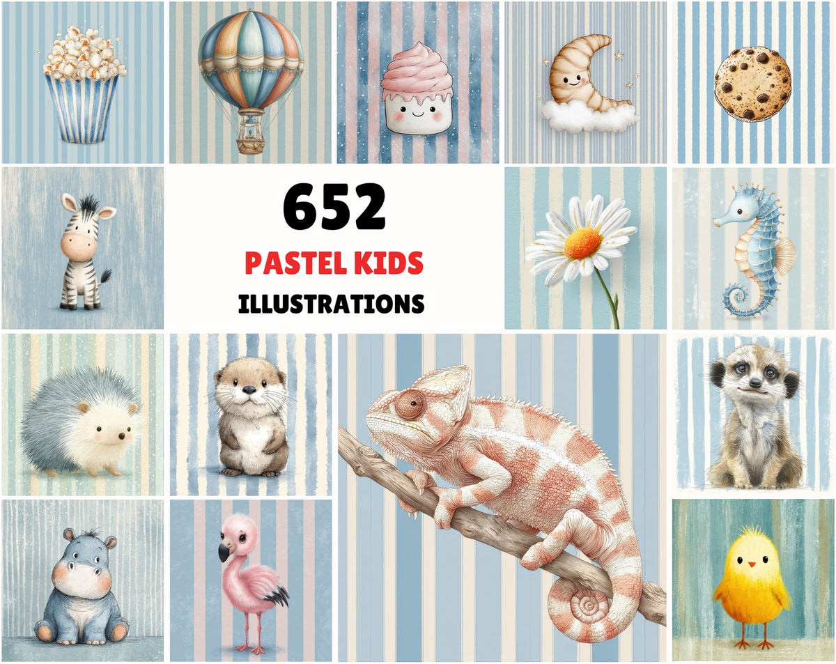 652 Whimsical Pastel Clipart Illustrations – Soft Children’s Book Styl