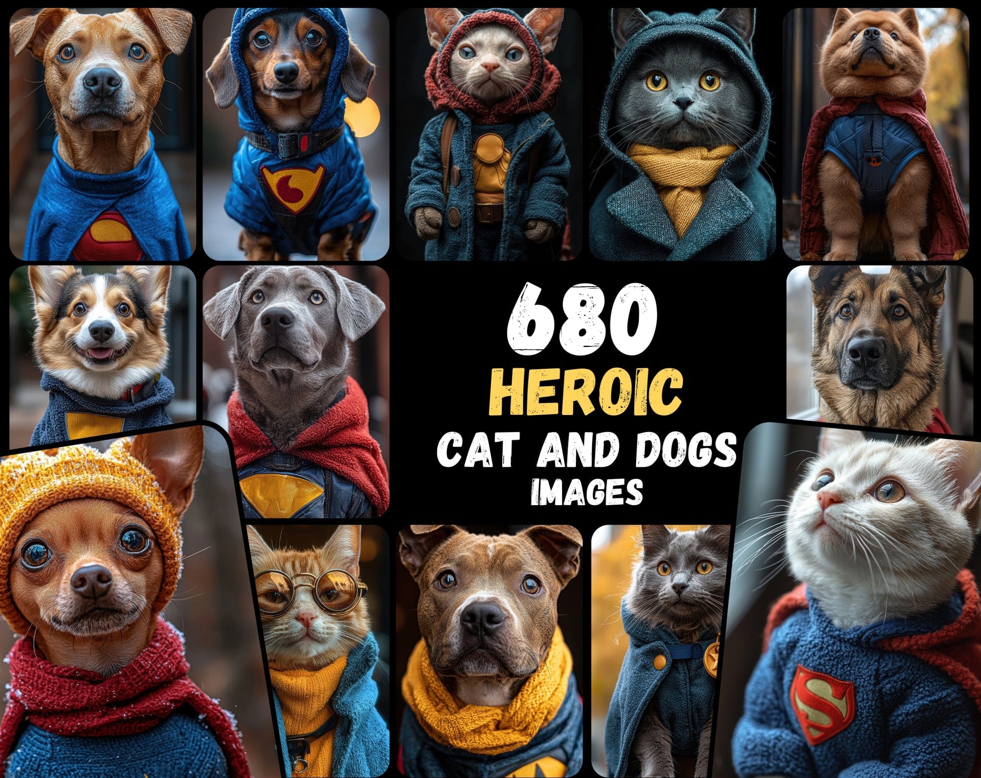 680 Heroic Cat & Dog Illustrations | Anthropomorphic Superhero Pets Digital Download Sumobundle