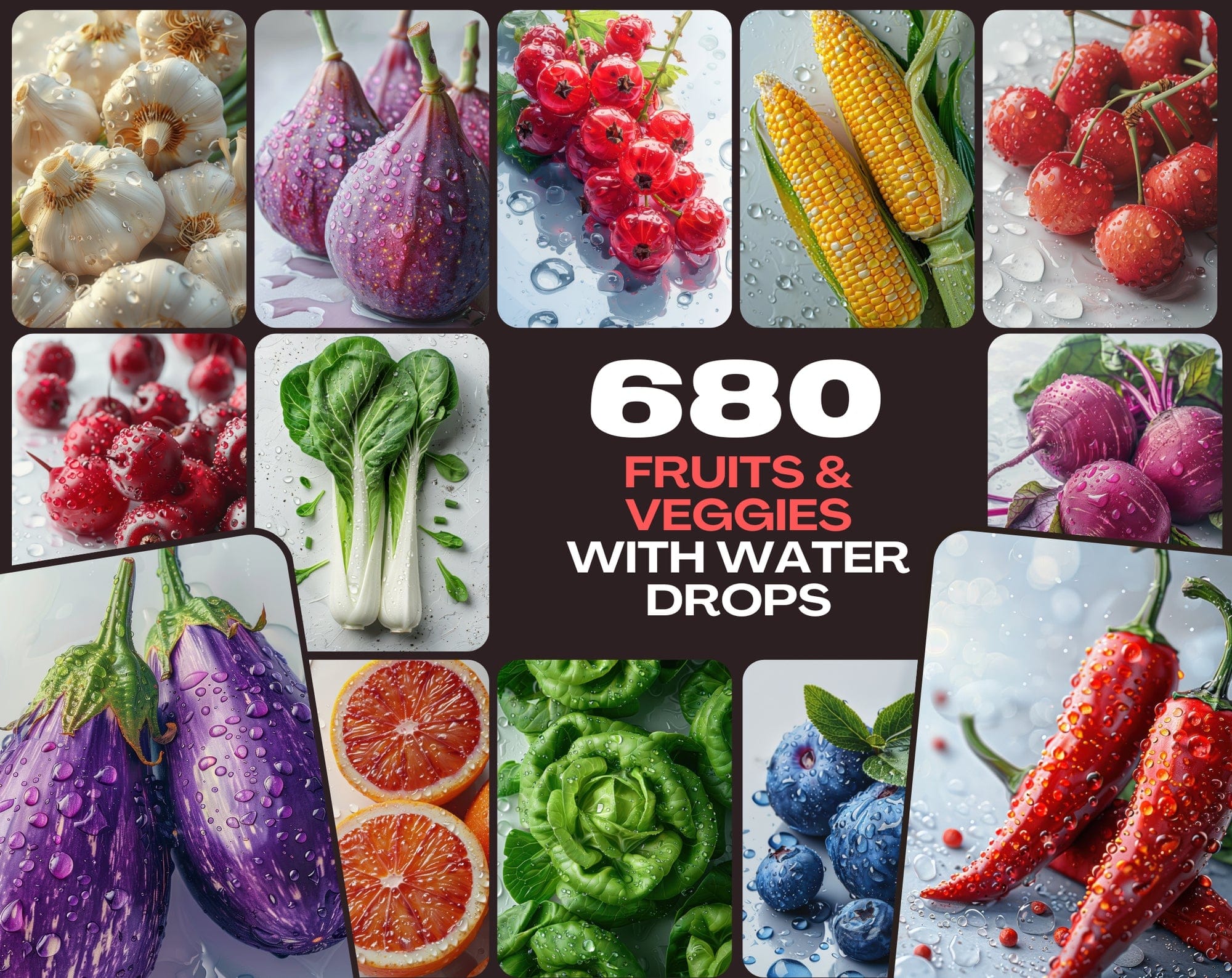 680 High-Quality Fruit & Vegetable Images with Water Drops Digital Download Sumobundle