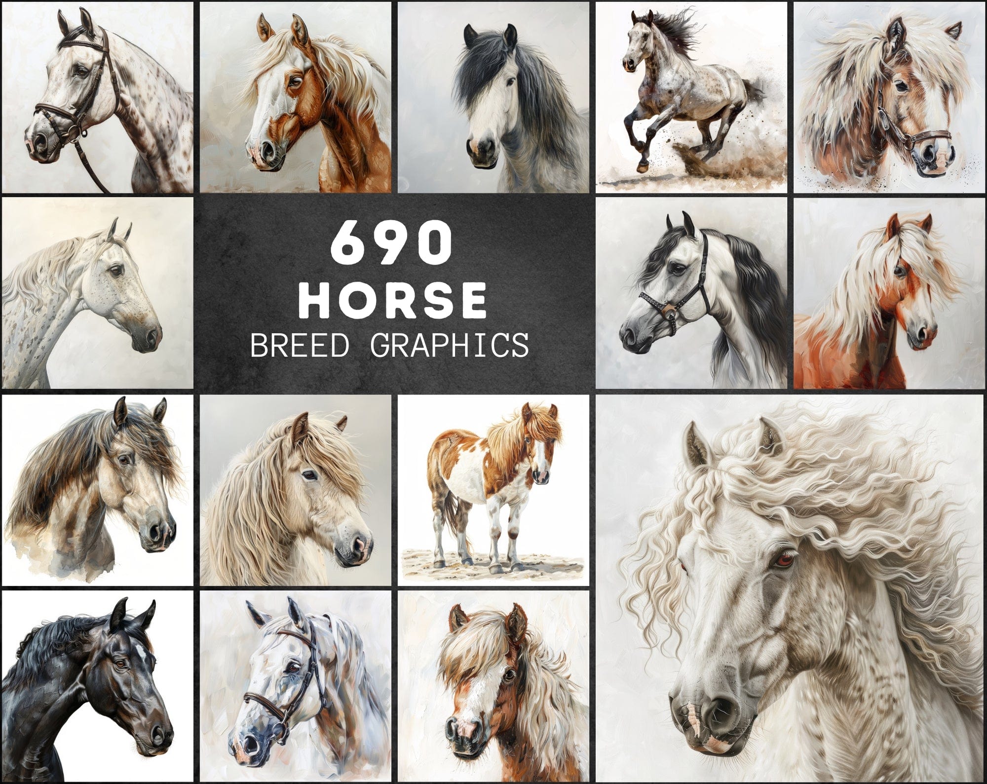 690 Horse Breed Images - Oil & Watercolor Look Digital Download Sumobundle