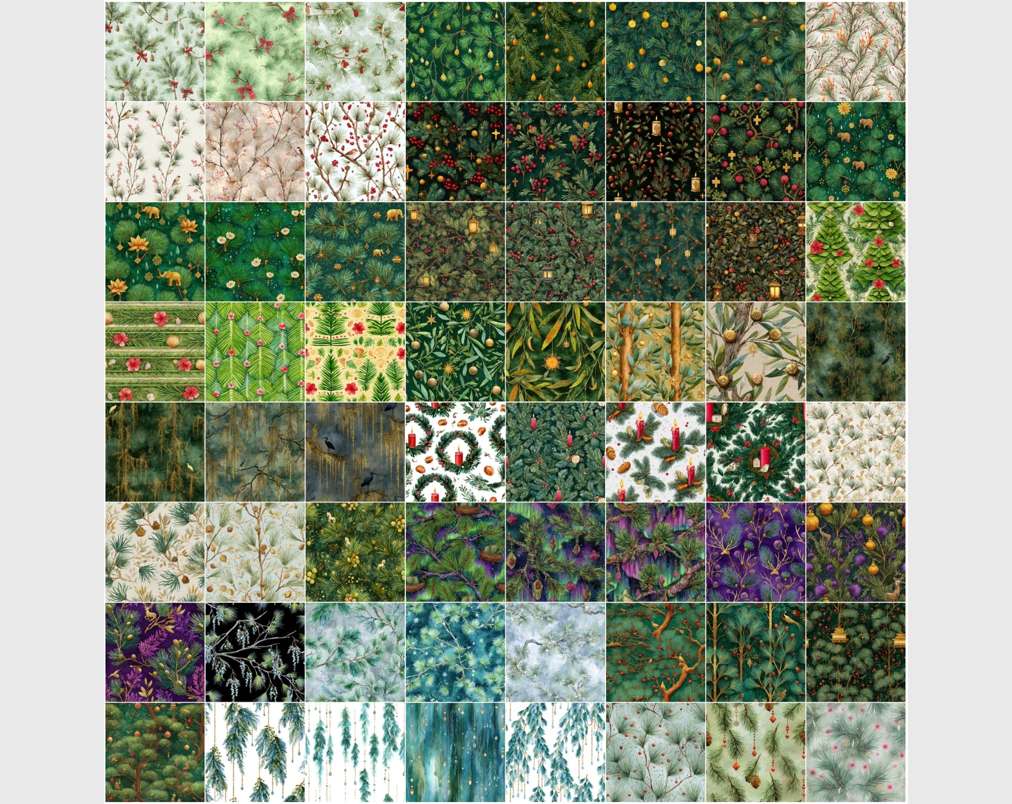 600 Watercolor Greenery Seamless Patterns – Fir, Pine & Holiday Botanical Backgrounds