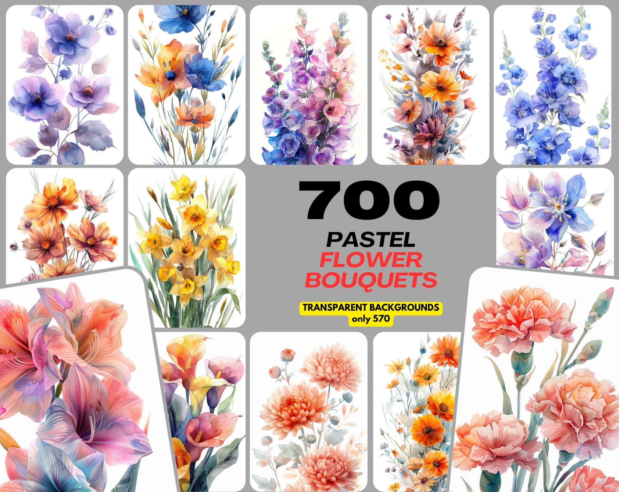 700 High-Resolution Flower Bouquet Images with Pastel Colors – Includes 570 with Transparent Backgrounds Digital Download Sumobundle