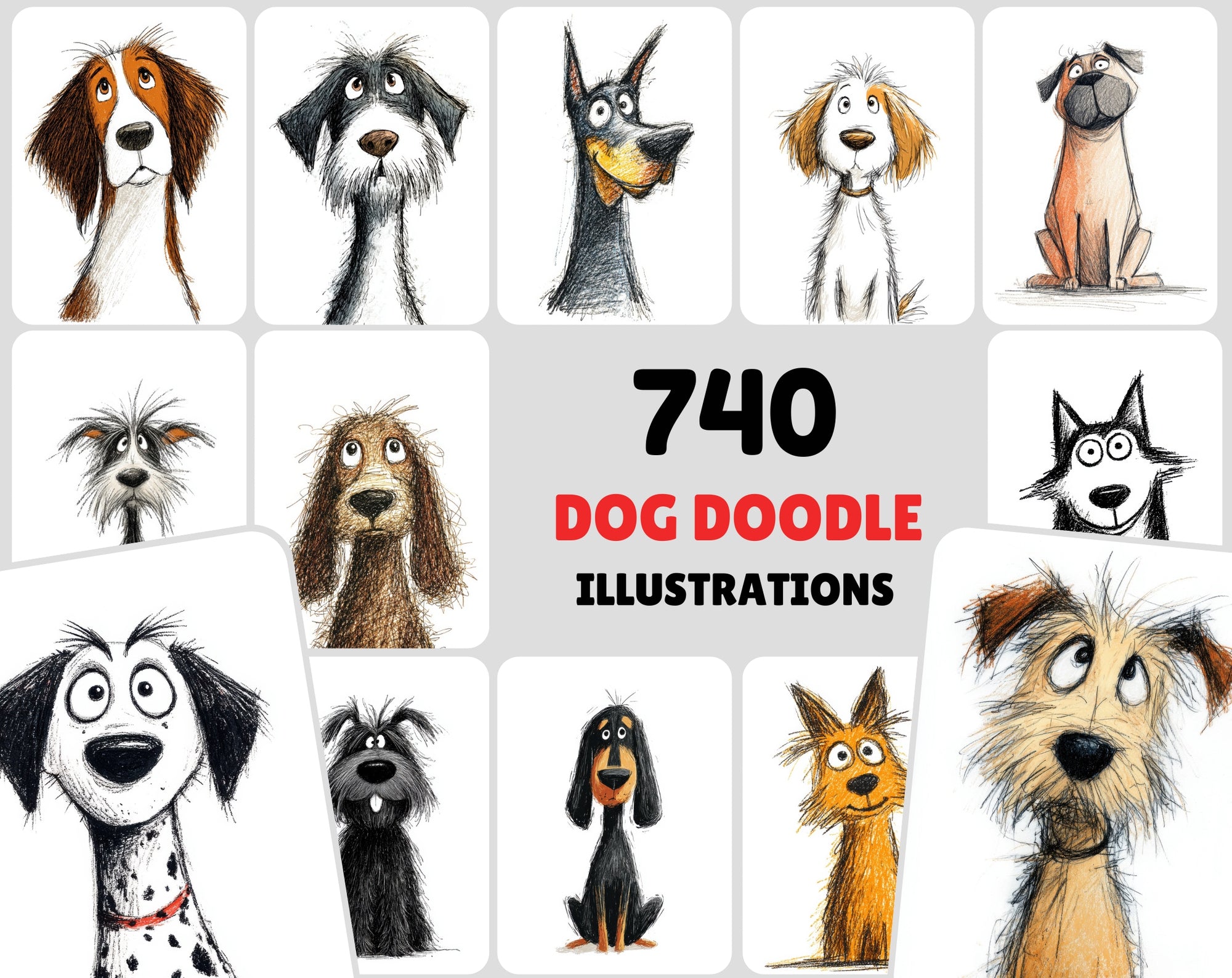 740 Dog Breed Doodle Illustrations – Quirky Sketch Clipart Bundle, Commercial License