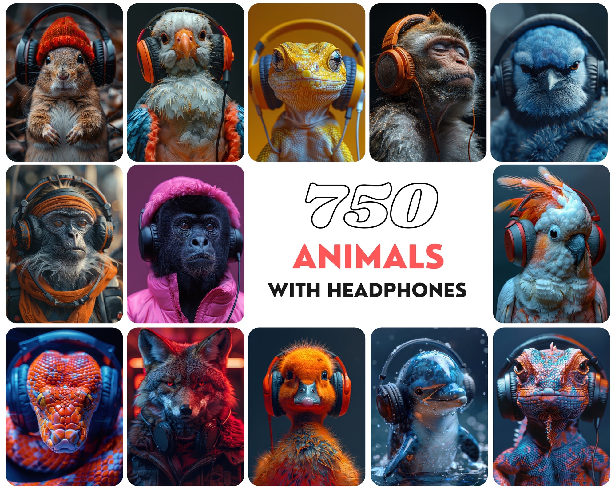Colorful Animal Art with Headphones | 750 High-Resolution JPG Images | Commercial License Included