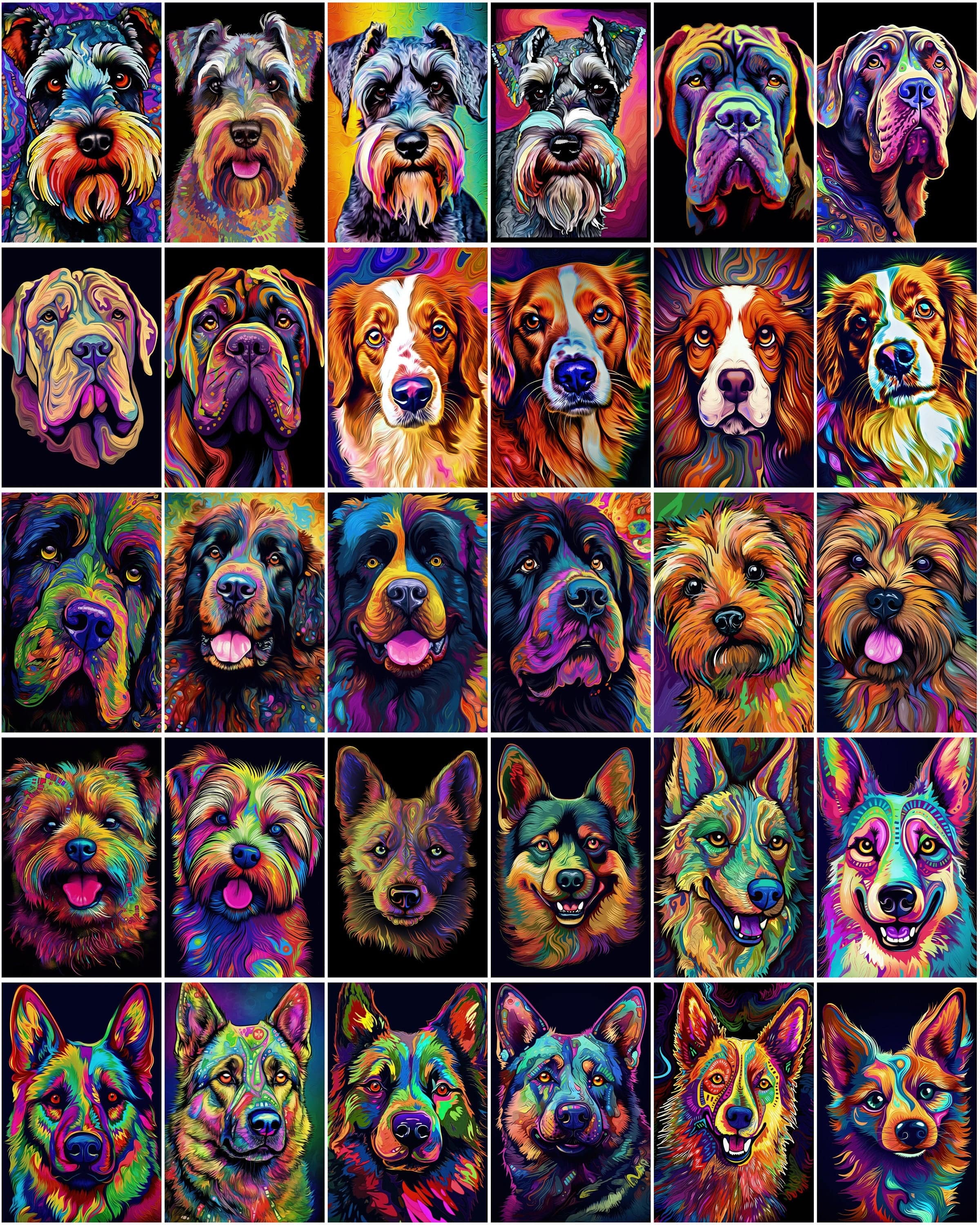 770 Psychedelic Dog Breed Images, Colorful Dog Illustrations, Commercial License Included Digital Download Sumobundle