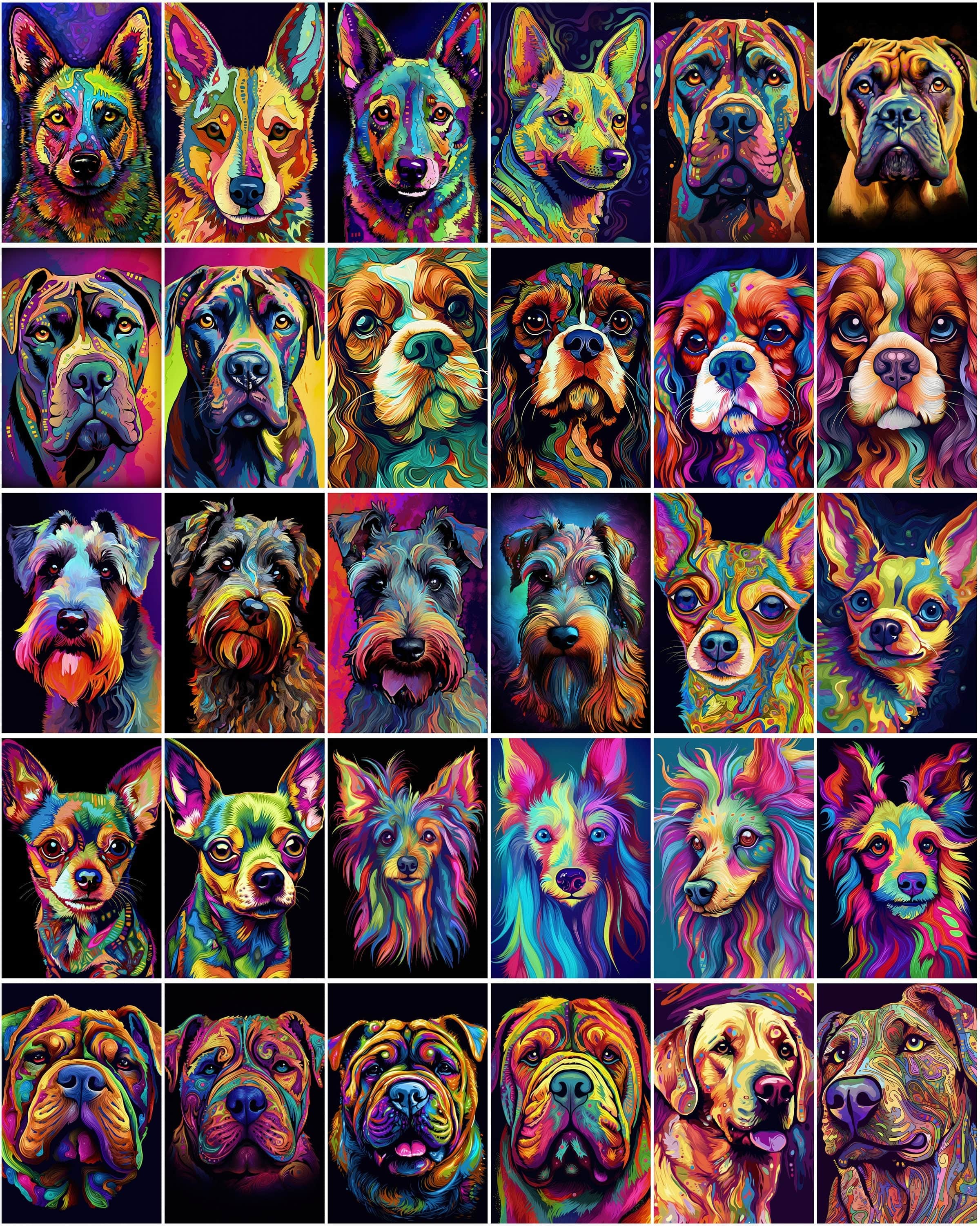 770 Psychedelic Dog Breed Images, Colorful Dog Illustrations, Commercial License Included Digital Download Sumobundle