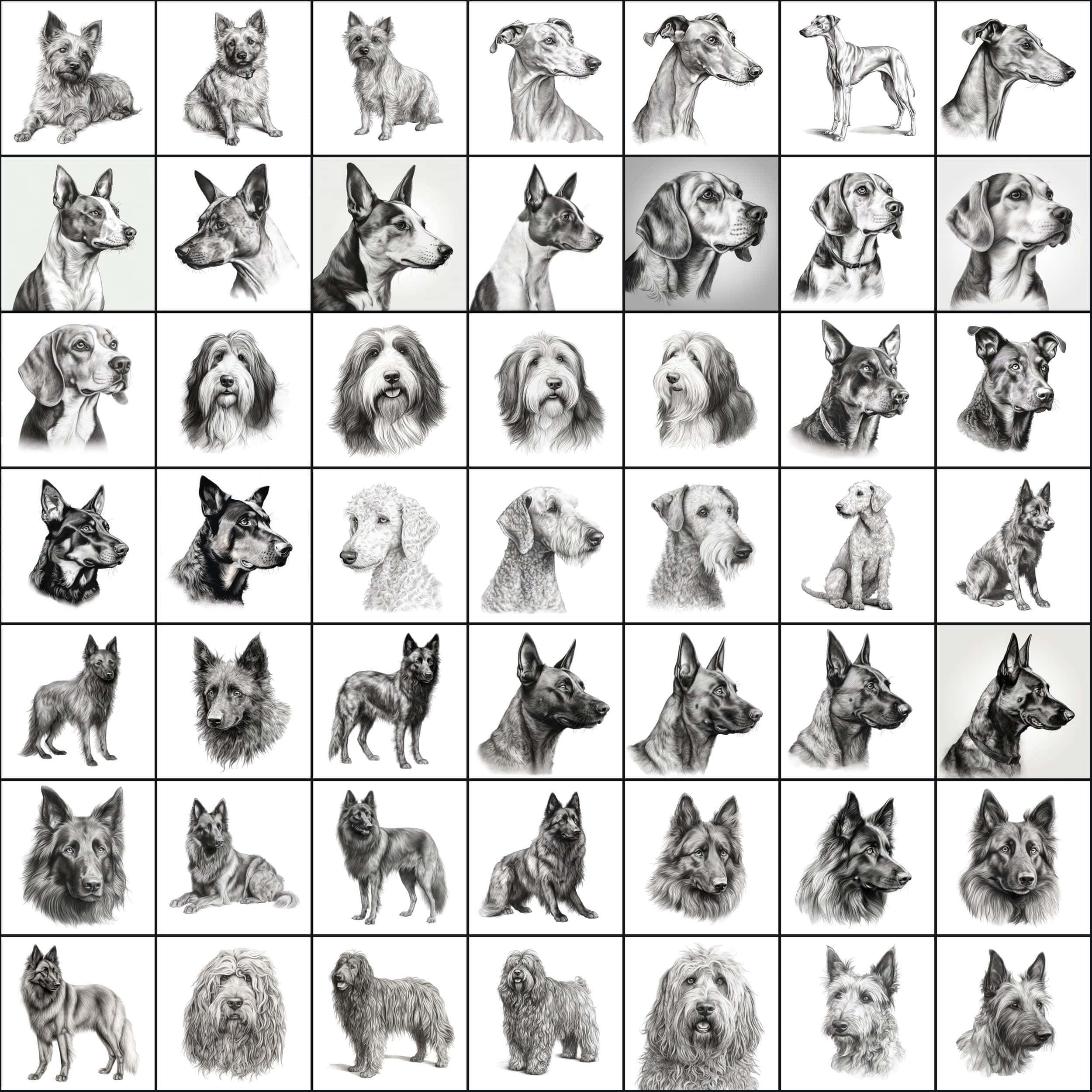 770 Sketch Dog Breed PNGs, Black & White Dog Images, High-Resolution Commercial Use Graphics Digital Download Sumobundle
