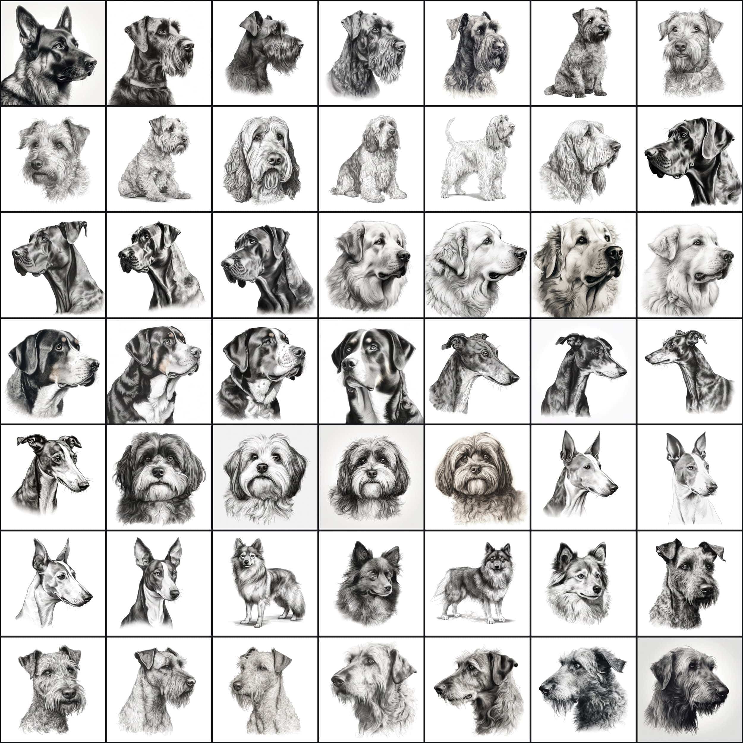 770 Sketch Dog Breed PNGs, Black & White Dog Images, High-Resolution Commercial Use Graphics Digital Download Sumobundle