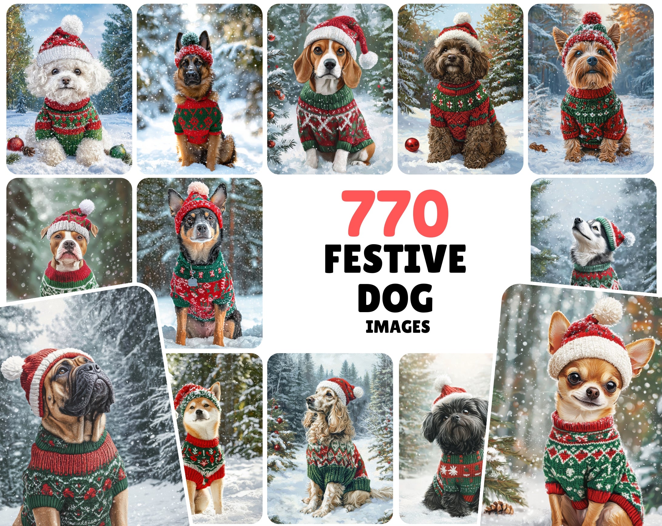 770 Adorable Dog Images on Snow with Holiday Sweaters