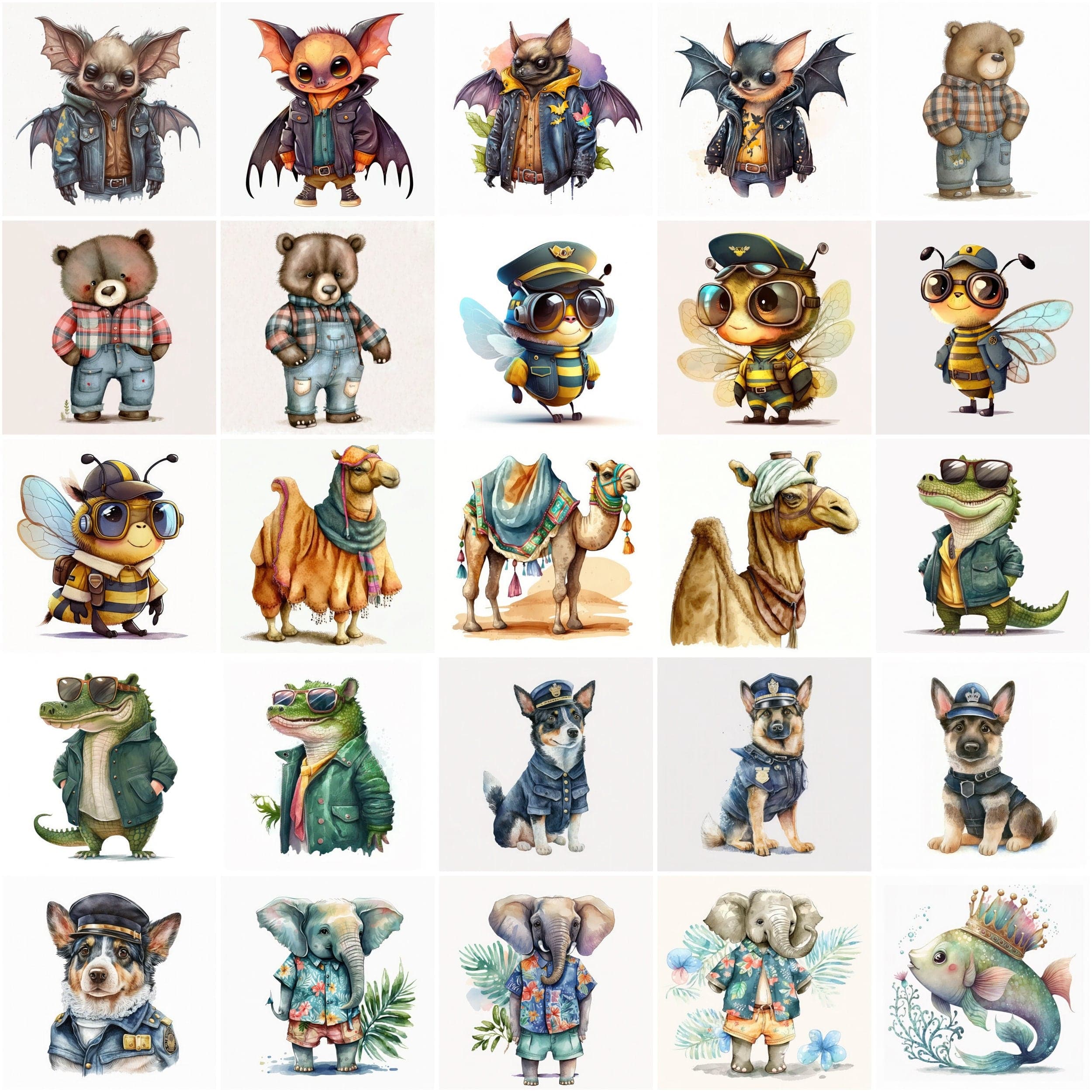 80 Adorable Animals Wearing Clothes Illustrations, Nursery Art, Instant Download, Commercial use Digital Download Sumobundle