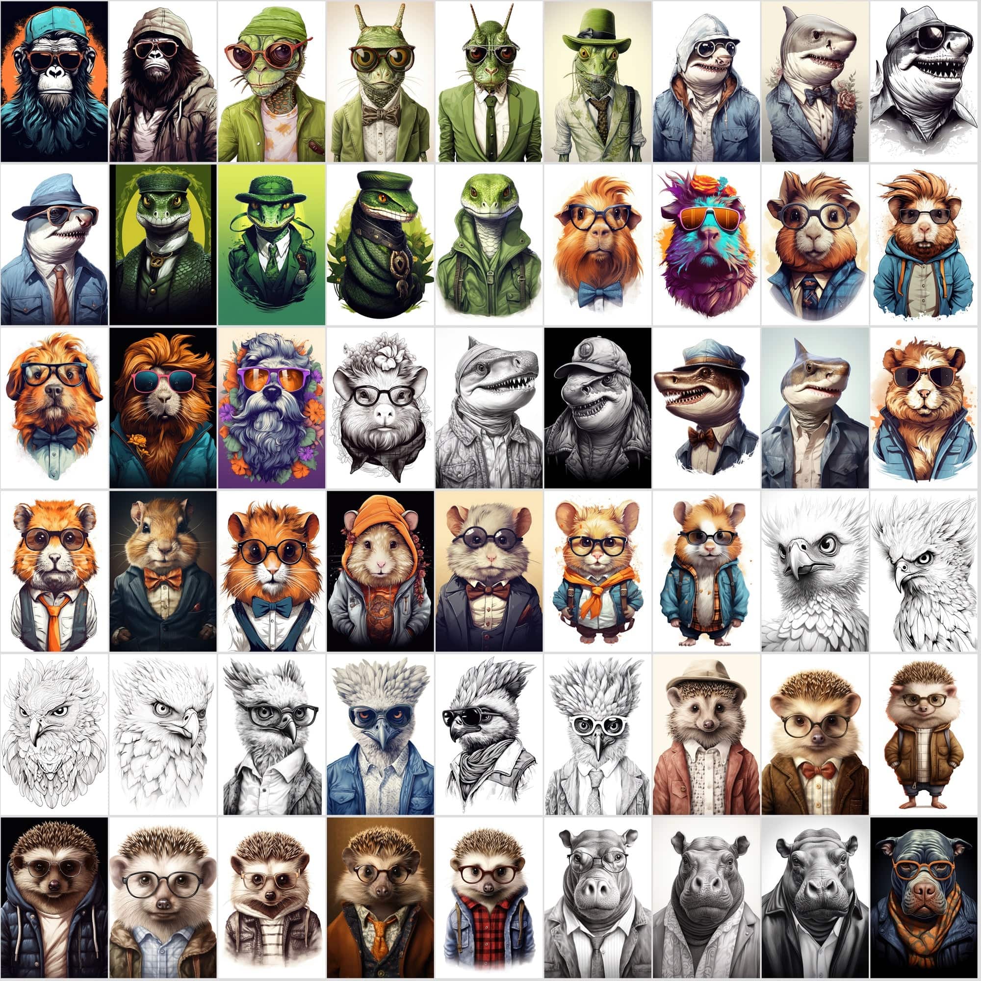 800 Hipster Animal Illustrations: Commercial License, High-Res PNG Files, Stylish Wildlife Portraits Digital Download Sumobundle