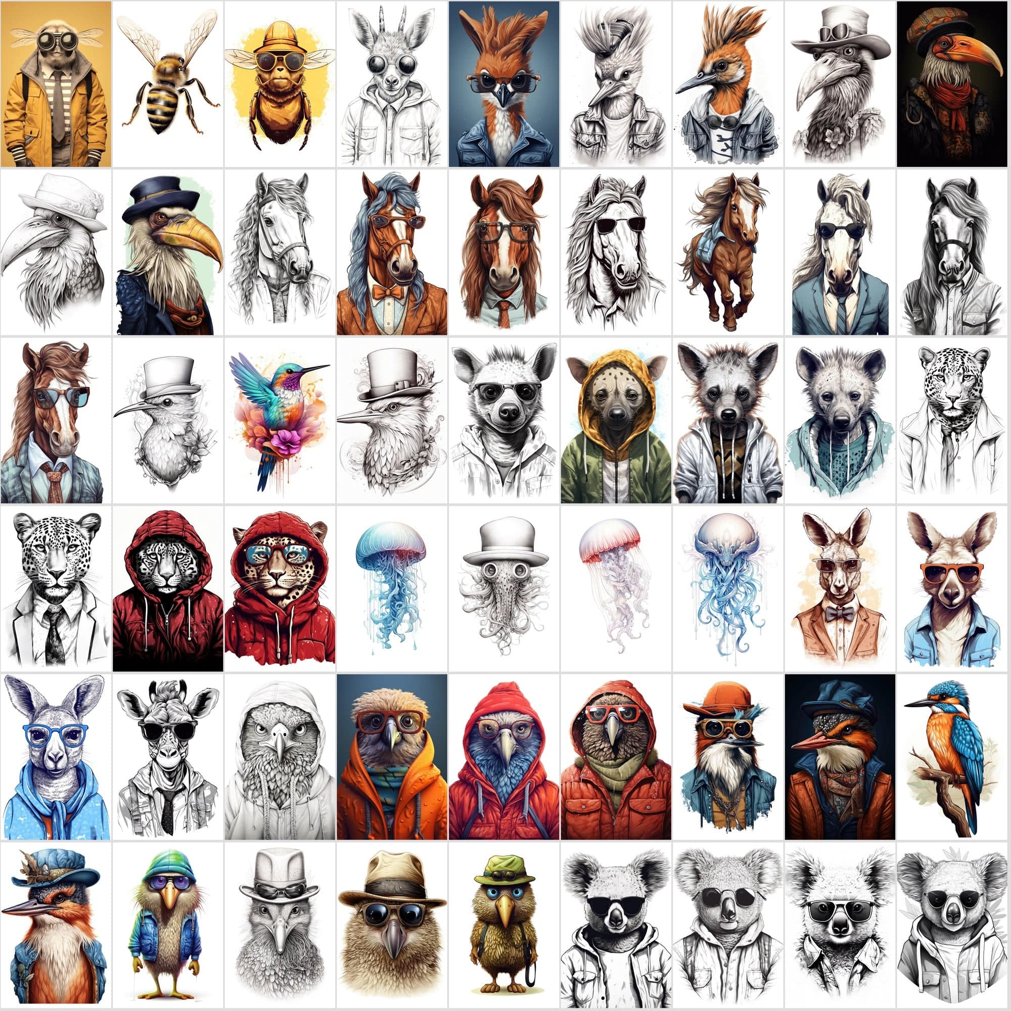 800 Hipster Animal Illustrations: Commercial License, High-Res PNG Files, Stylish Wildlife Portraits Digital Download Sumobundle