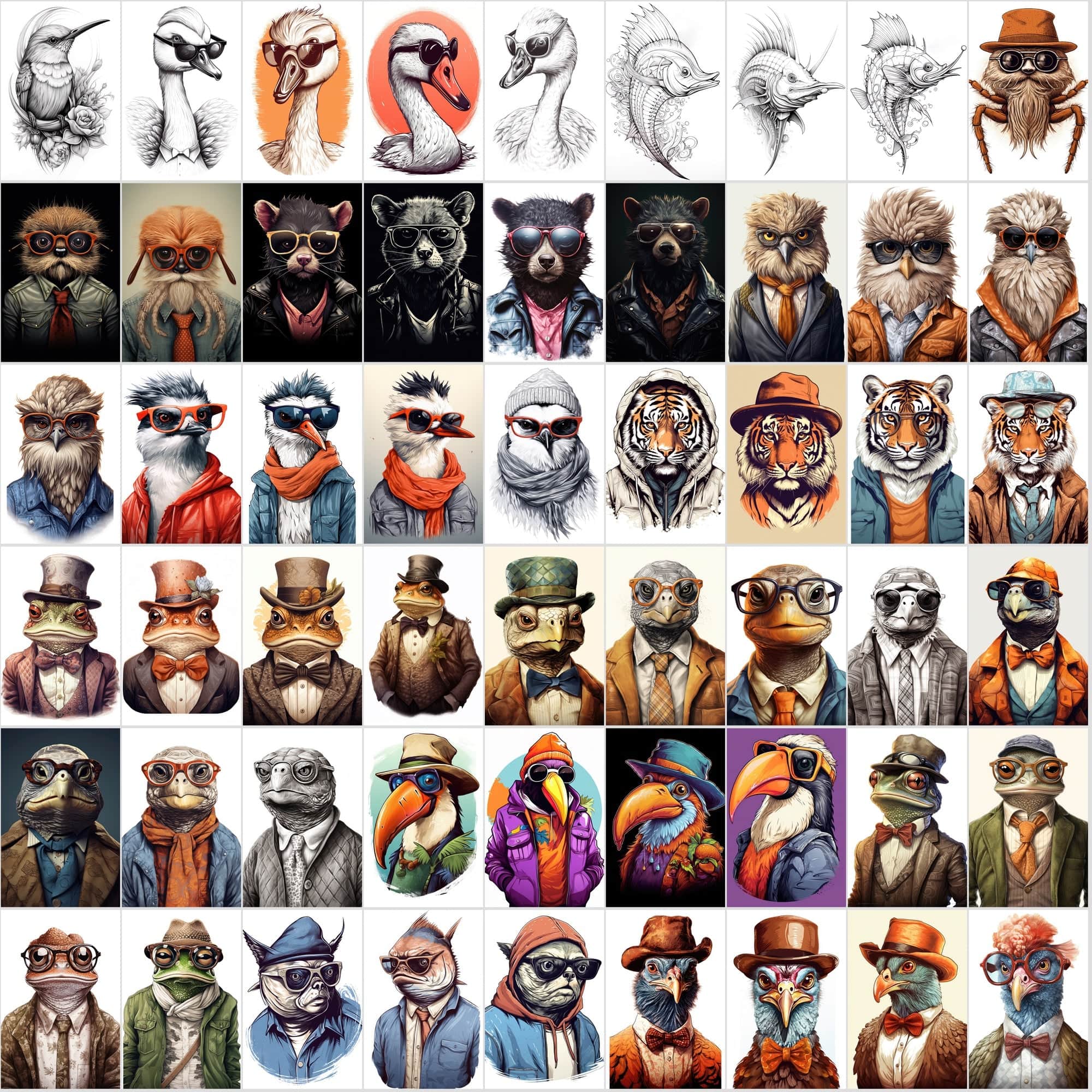 800 Hipster Animal Illustrations: Commercial License, High-Res PNG Files, Stylish Wildlife Portraits Digital Download Sumobundle