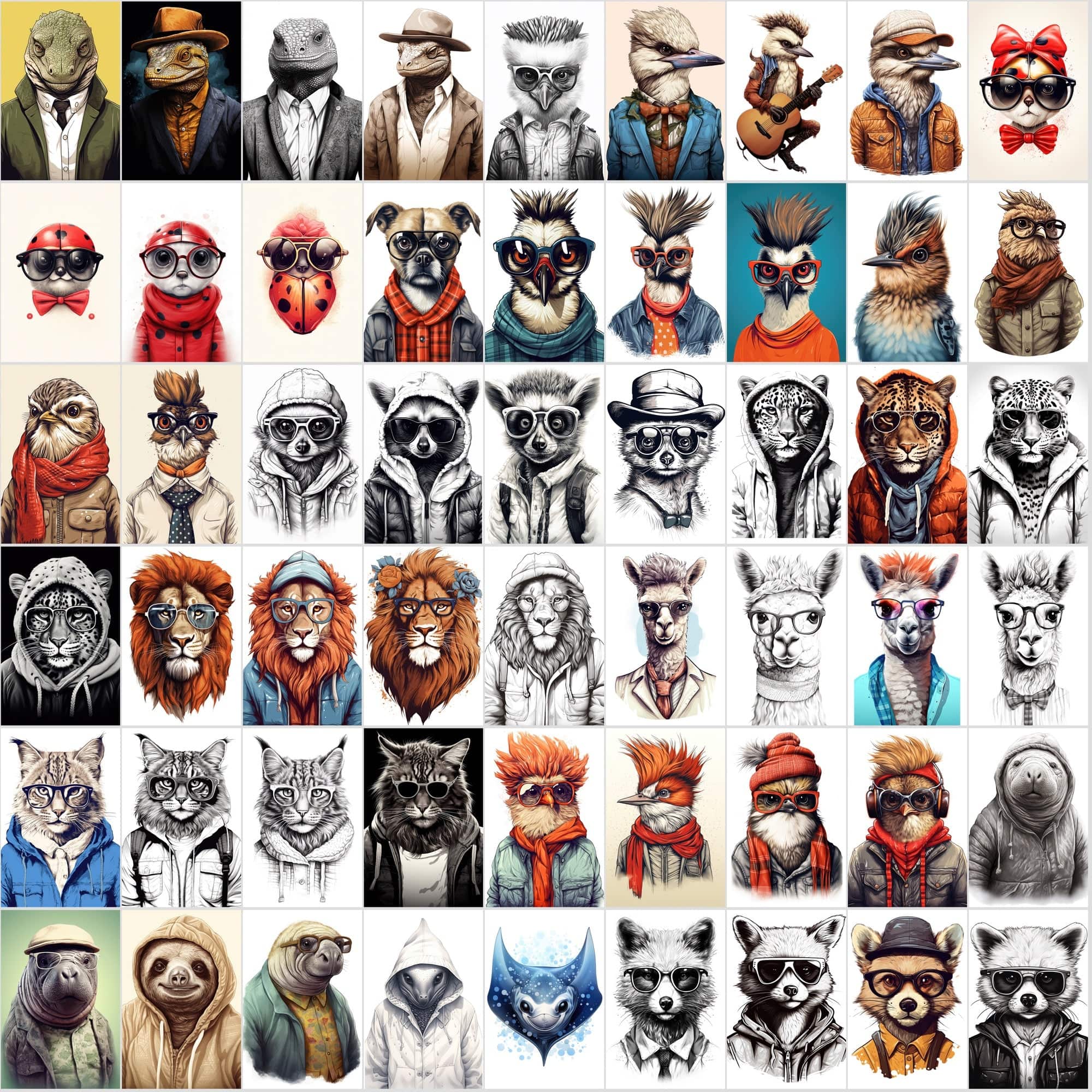 800 Hipster Animal Illustrations: Commercial License, High-Res PNG Files, Stylish Wildlife Portraits Digital Download Sumobundle