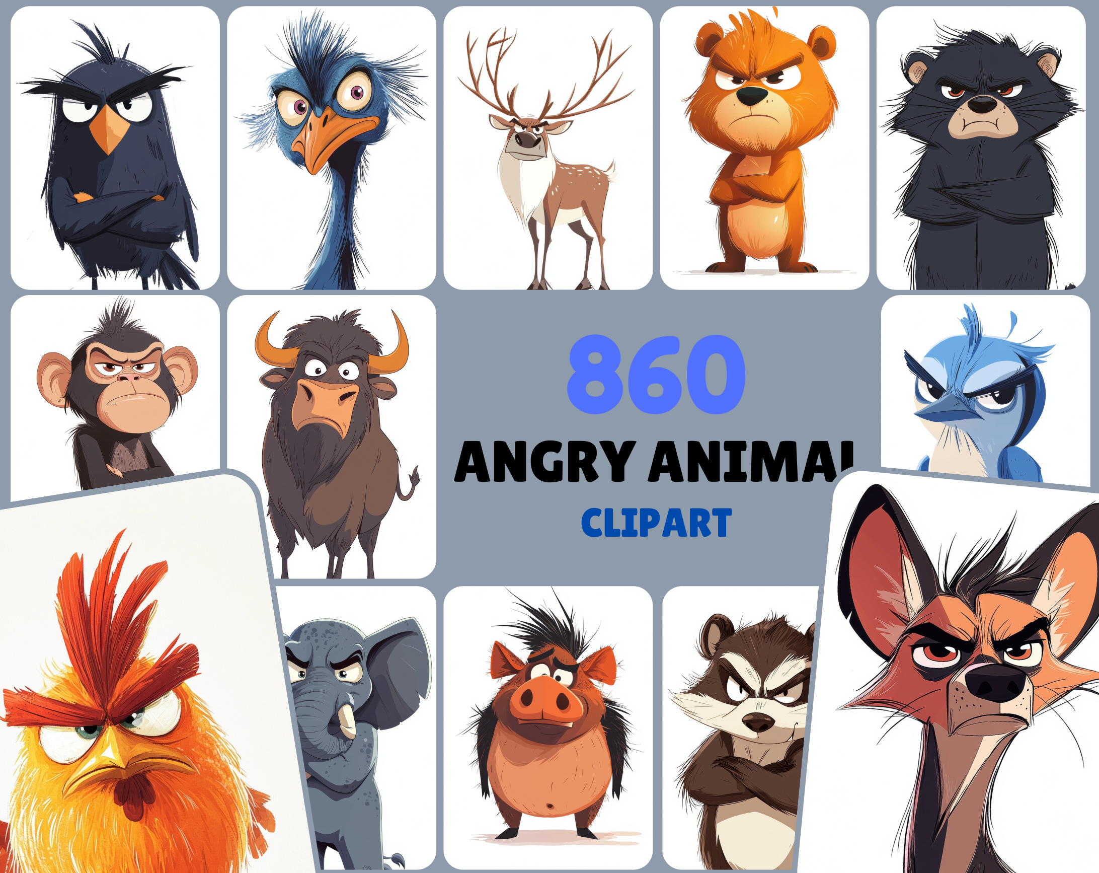 860 Angry Animals - Cartoon Style Clipart