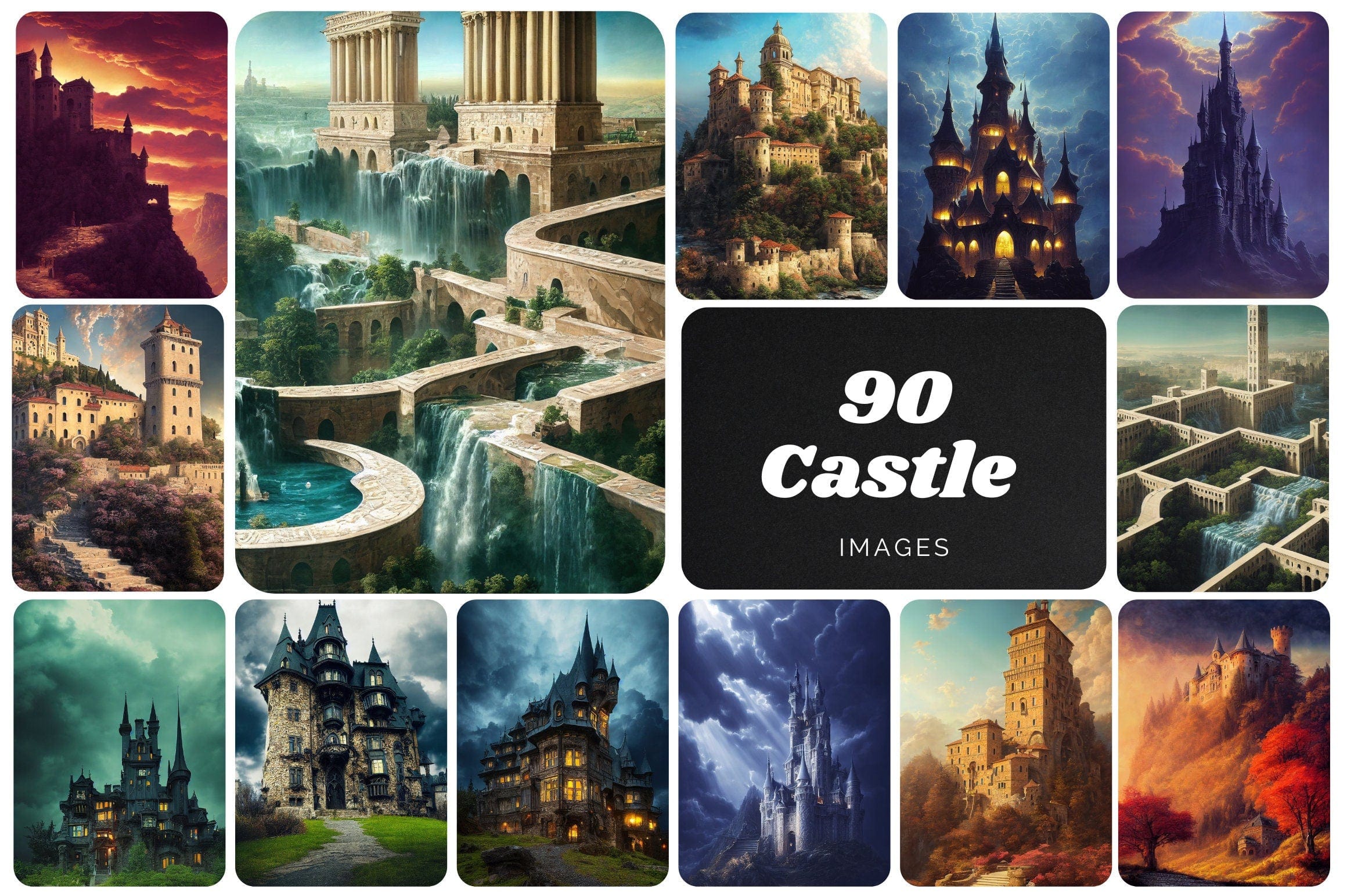 90 Unique Surreal Castle Images - Perfect for Home Decor, Graphic Design, and Fantasy Art - A Spectacular Collection of Dreamlike Castles Digital Download Sumobundle