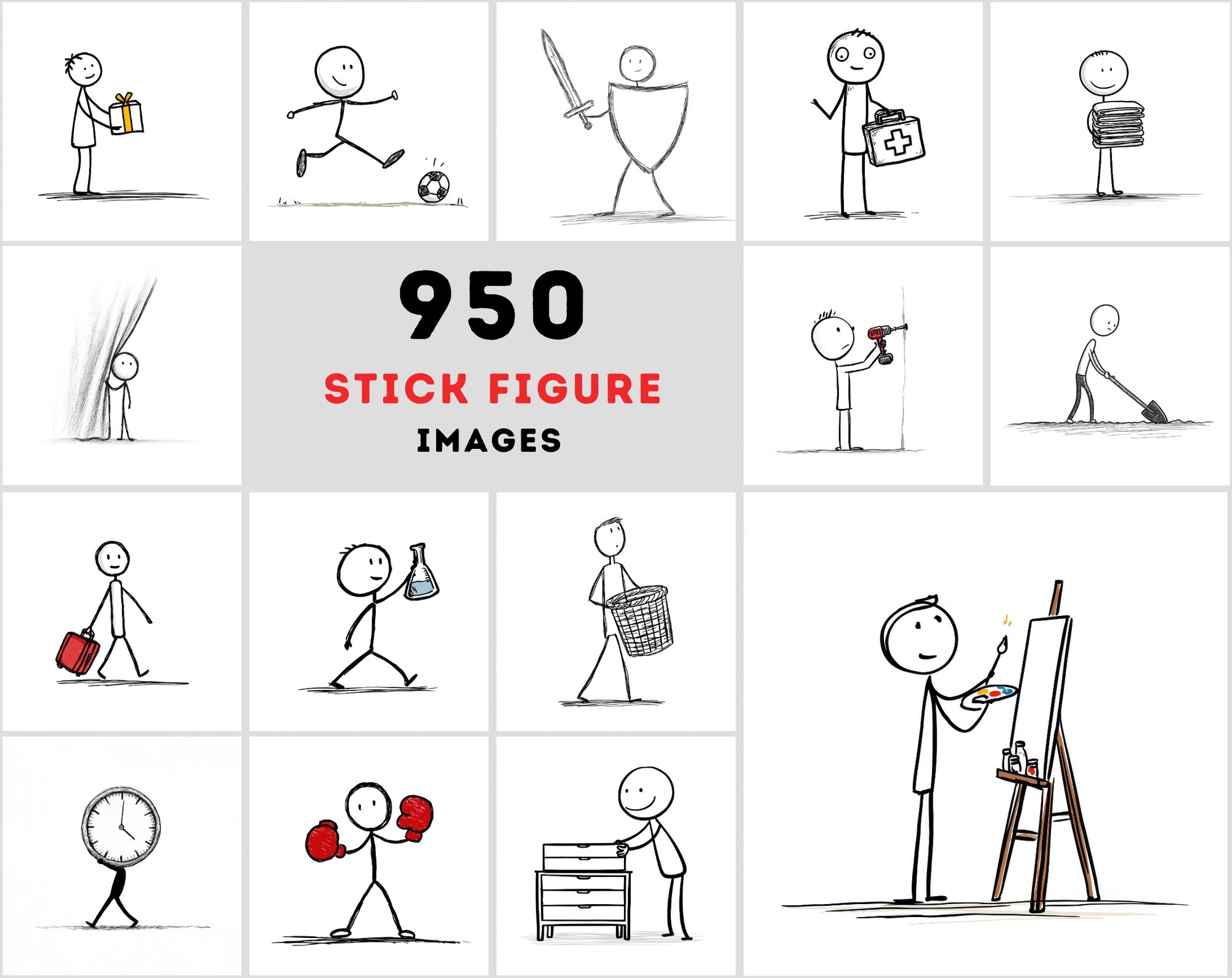 950 Stick Figure Clipart Bundle, Funny Stick Man Images, Everyday Actions, Sports, Office, School JPG Commercial Use