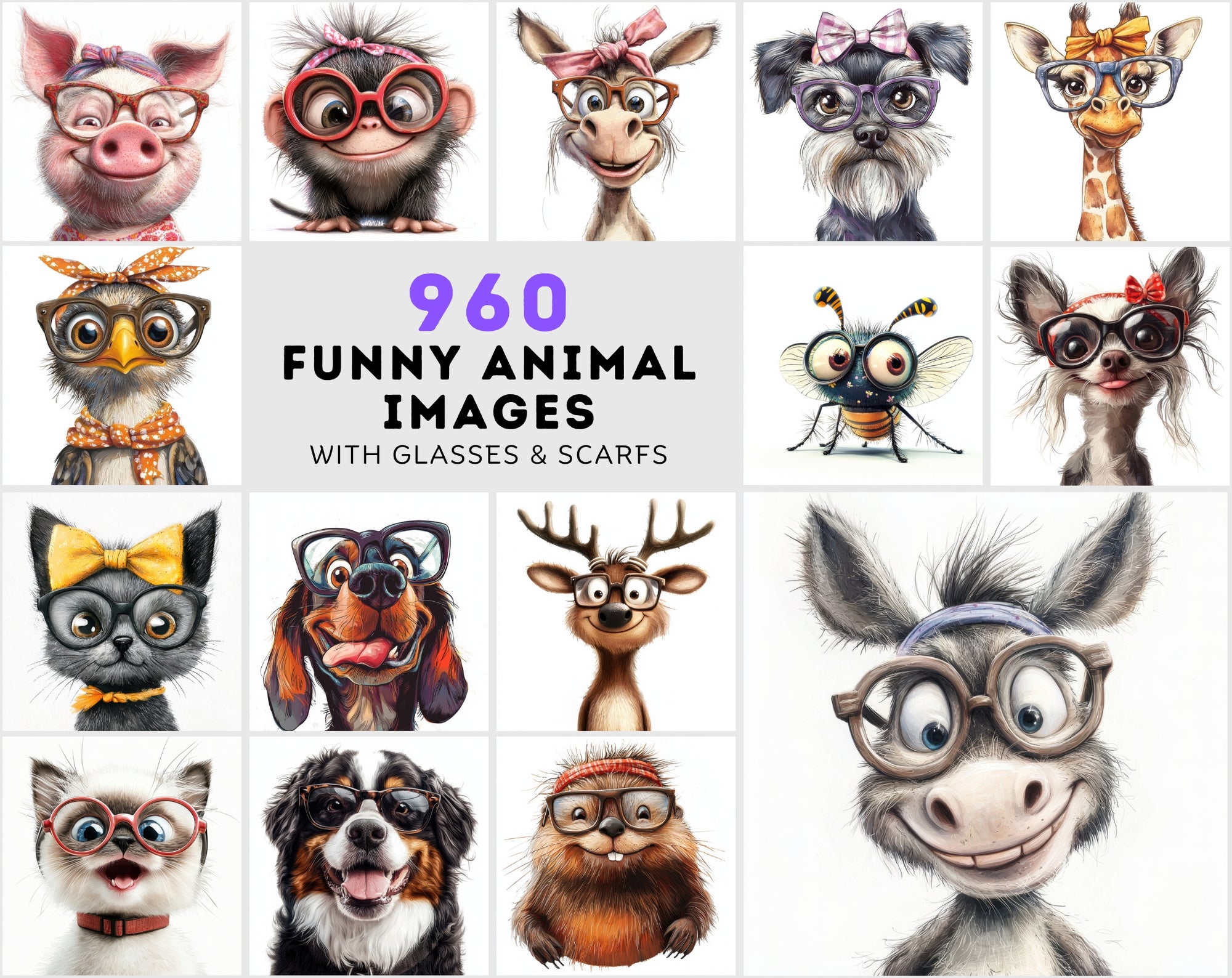 960 Funny Animal Portraits with Eyeglasses & Scarfs