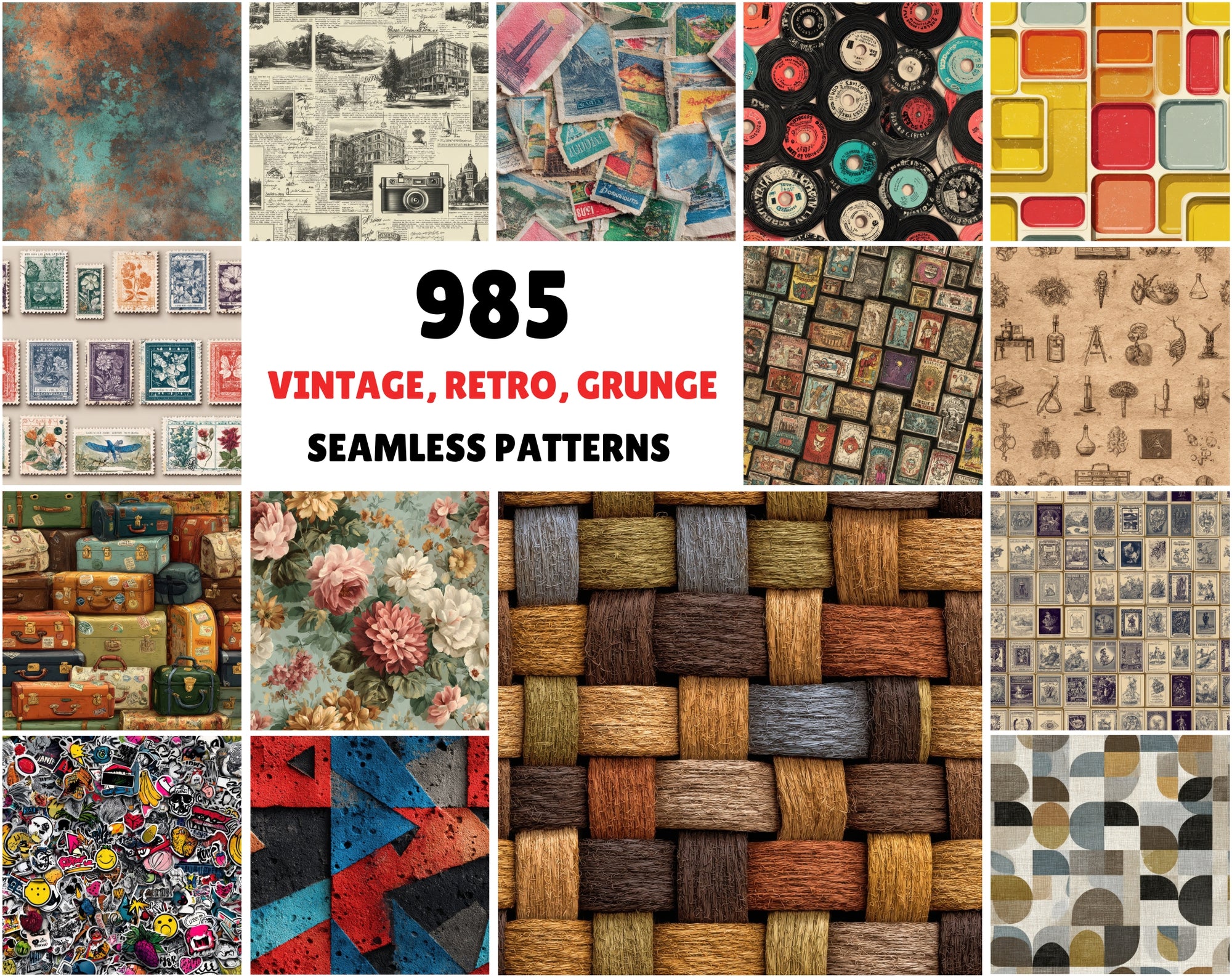 985 Seamless Patterns Bundle | JPG + PAT | Vintage, Retro, Grunge, Abstract & Modern Textures