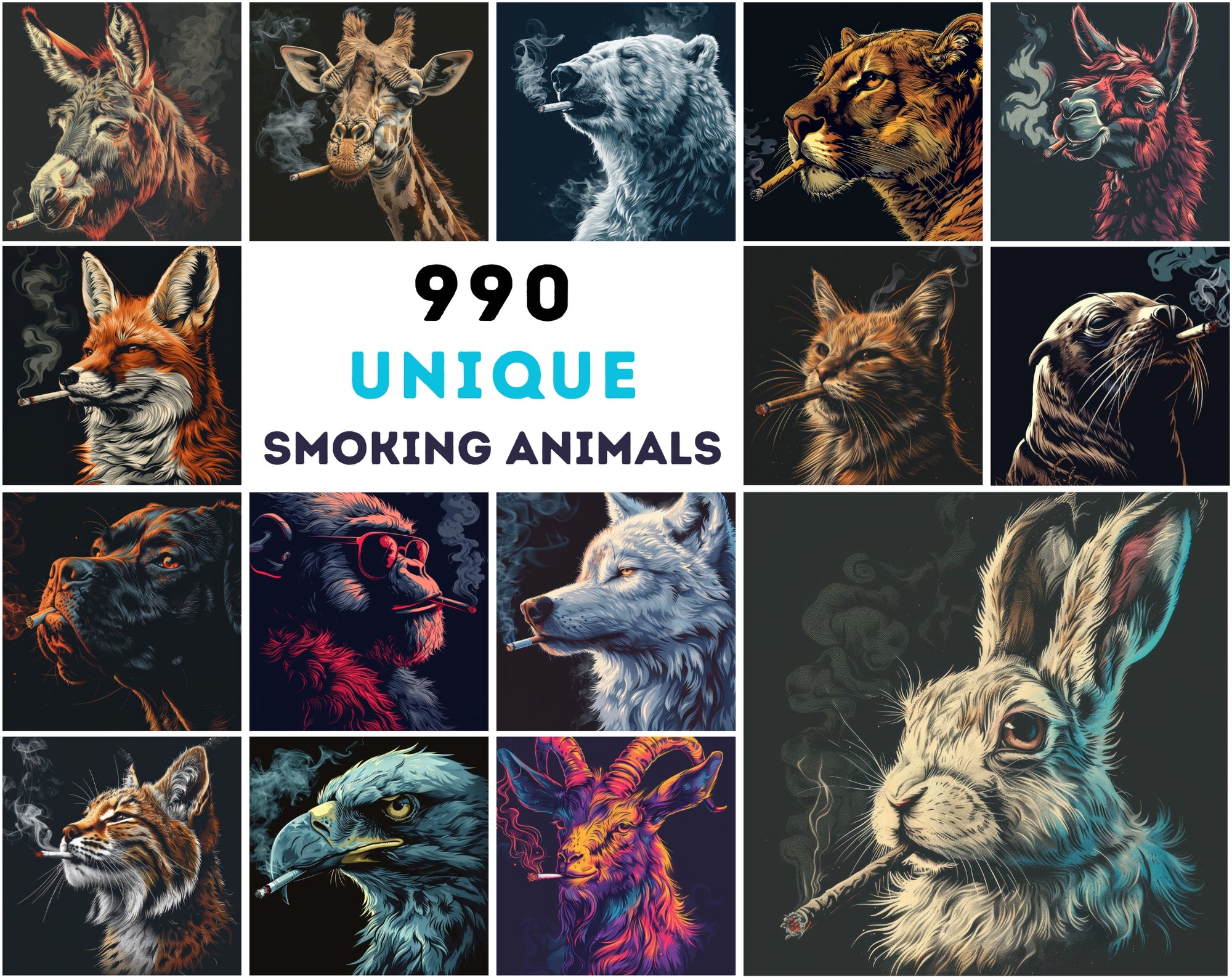 Smoking Animals Art Collection - 990 High-Resolution JPG Images with Commercial License