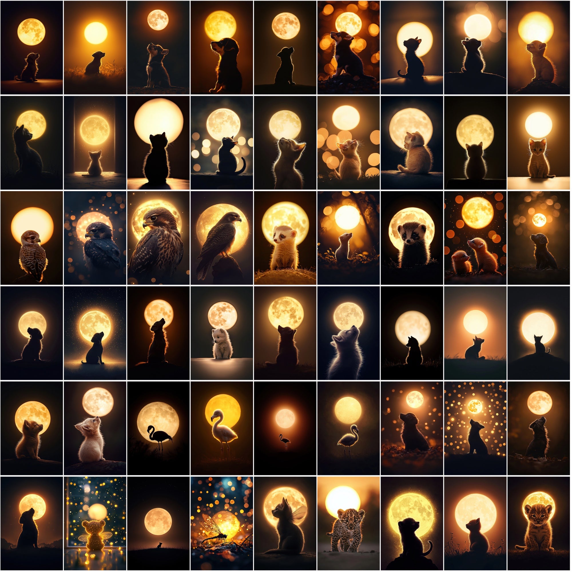 1200 Magical Animal Moon Art Prints – Try 200 Free Samples, Glowing Full Moon in Dark Golden Tones