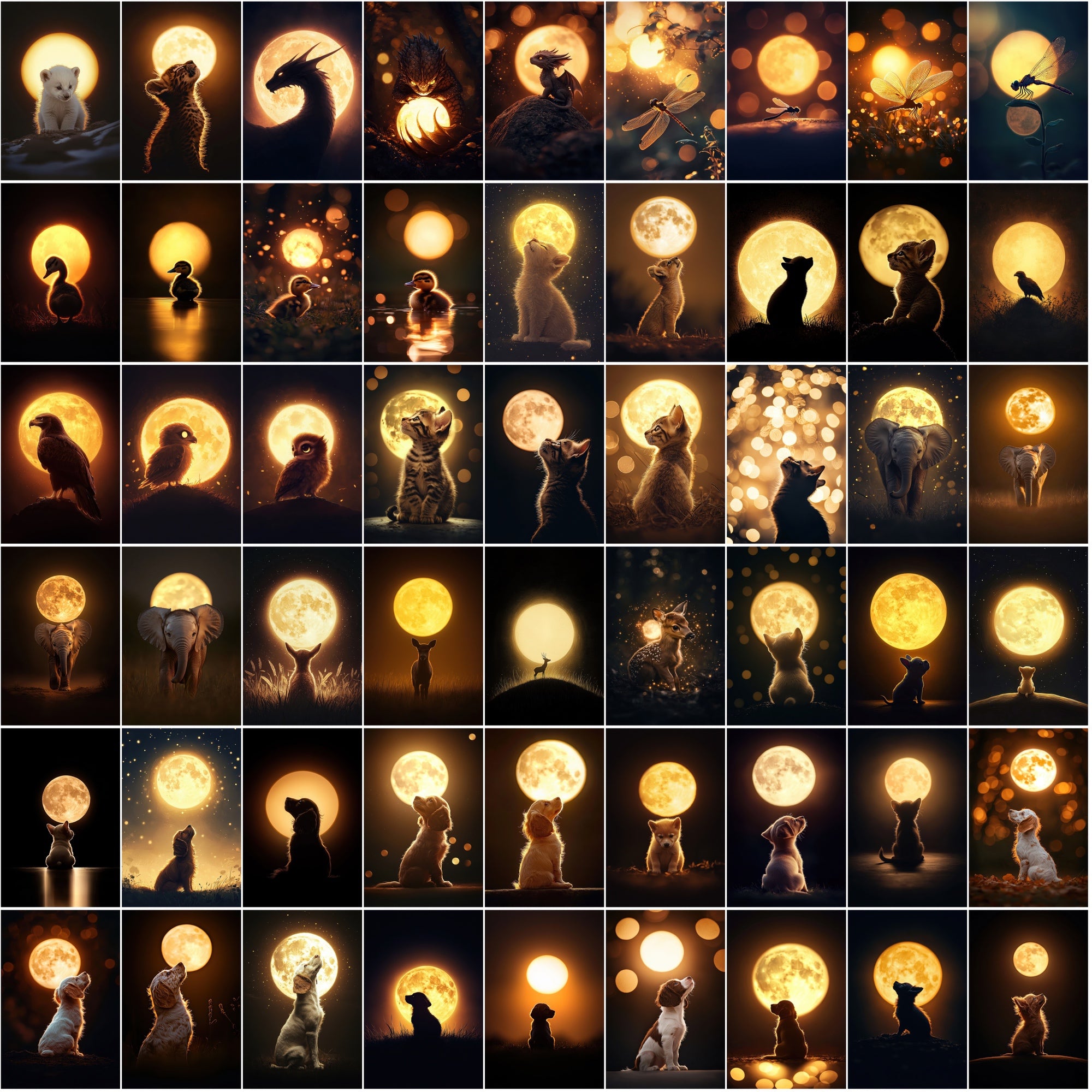 1200 Magical Animal Moon Art Prints – Try 200 Free Samples, Glowing Full Moon in Dark Golden Tones