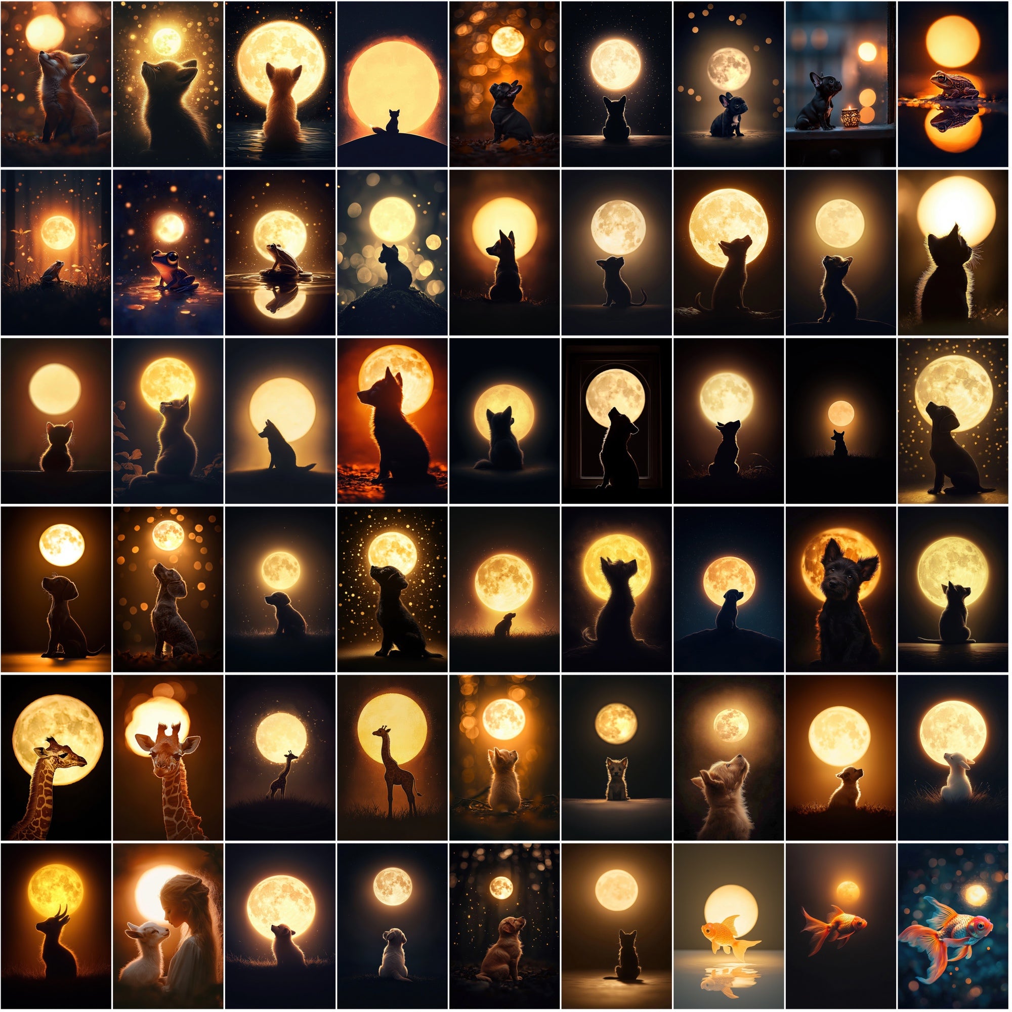 1200 Magical Animal Moon Art Prints – Try 200 Free Samples, Glowing Full Moon in Dark Golden Tones