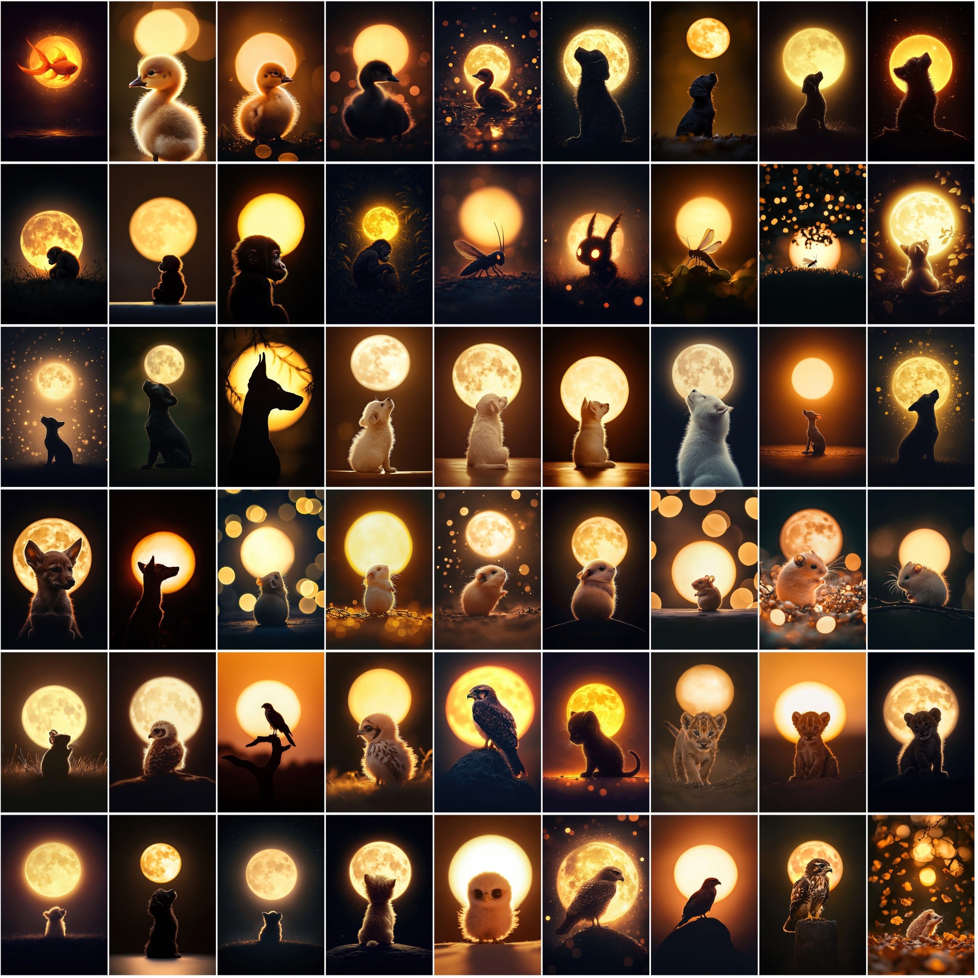 1200 Magical Animal Moon Art Prints – Try 200 Free Samples, Glowing Full Moon in Dark Golden Tones