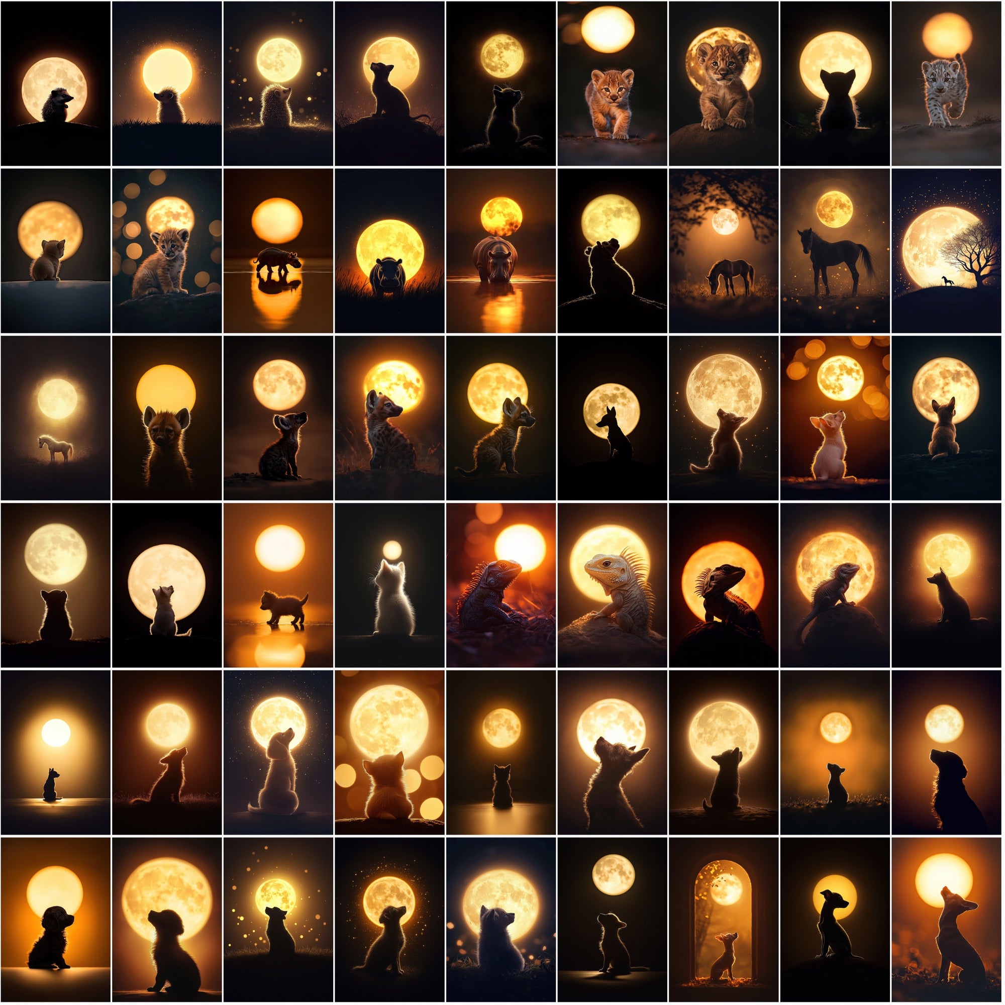 1200 Magical Animal Moon Art Prints – Try 200 Free Samples, Glowing Full Moon in Dark Golden Tones