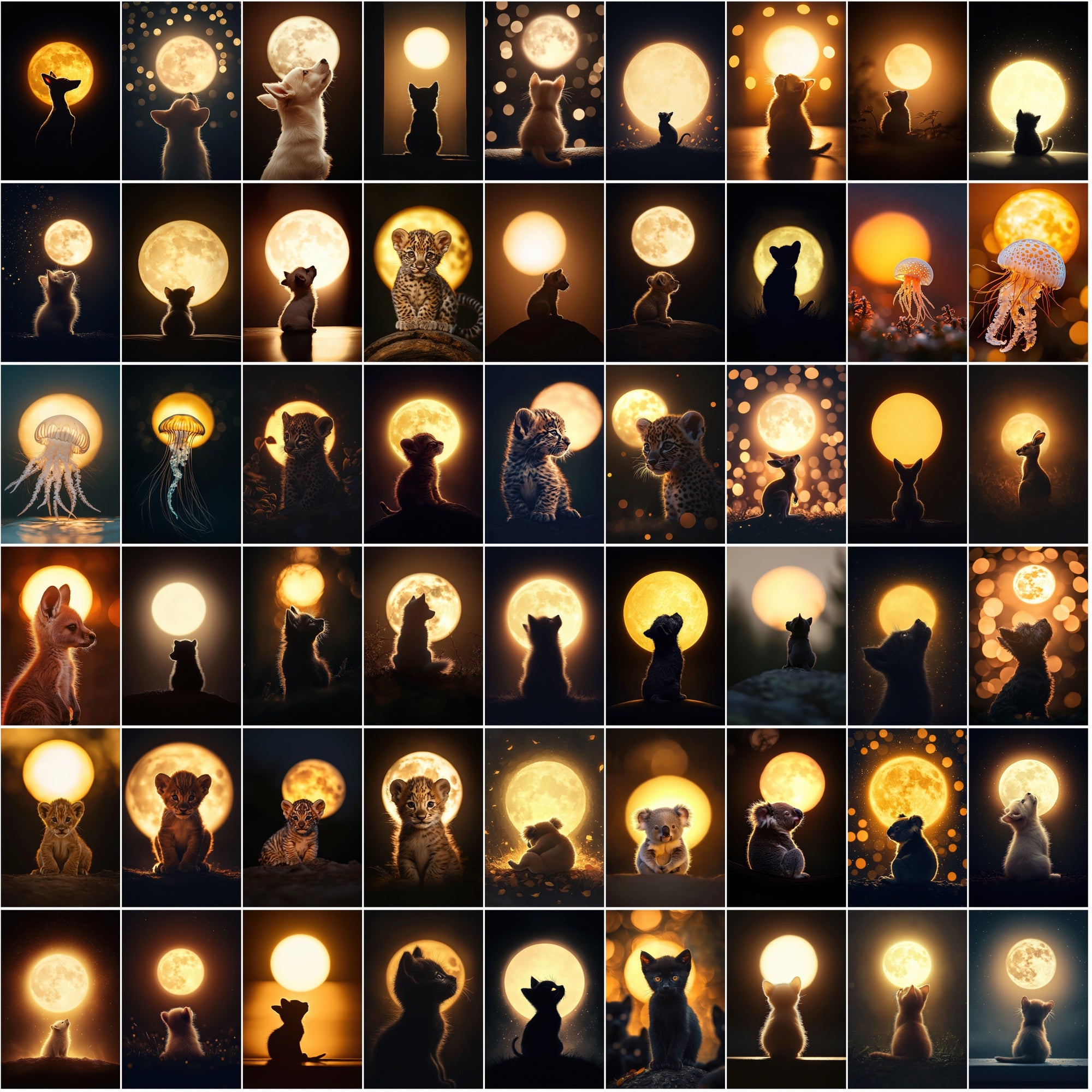 1200 Magical Animal Moon Art Prints – Try 200 Free Samples, Glowing Full Moon in Dark Golden Tones