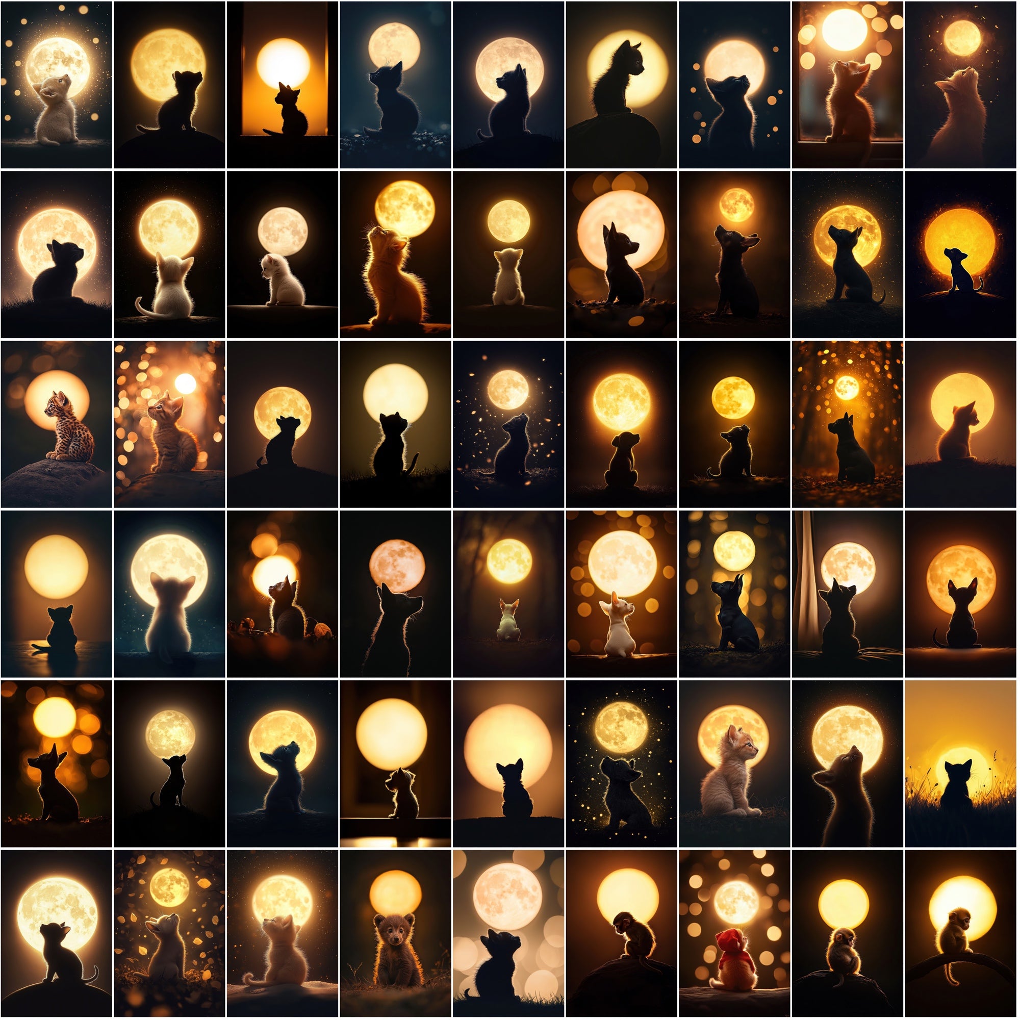 1200 Magical Animal Moon Art Prints – Try 200 Free Samples, Glowing Full Moon in Dark Golden Tones