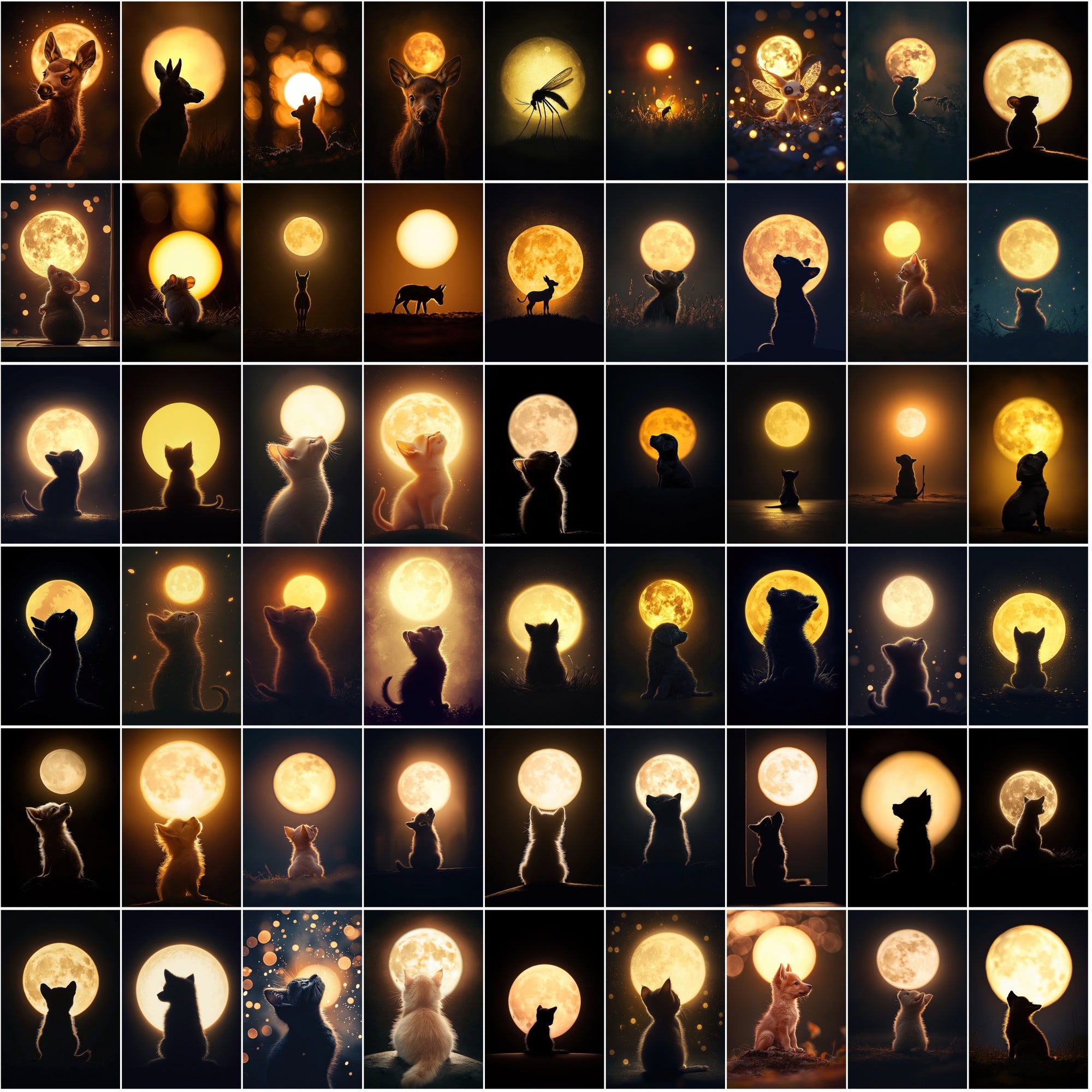 1200 Magical Animal Moon Art Prints – Try 200 Free Samples, Glowing Full Moon in Dark Golden Tones