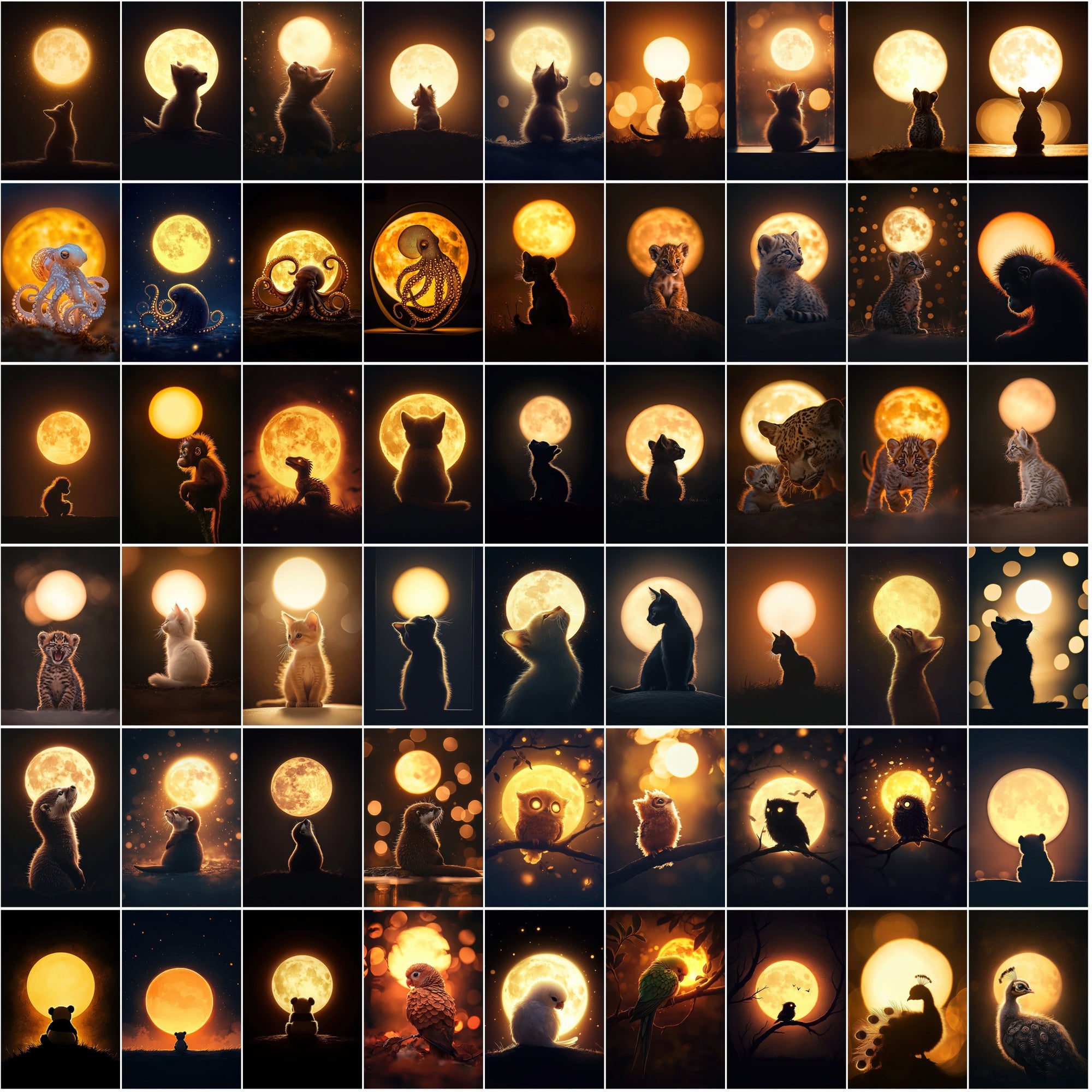 1200 Magical Animal Moon Art Prints – Try 200 Free Samples, Glowing Full Moon in Dark Golden Tones