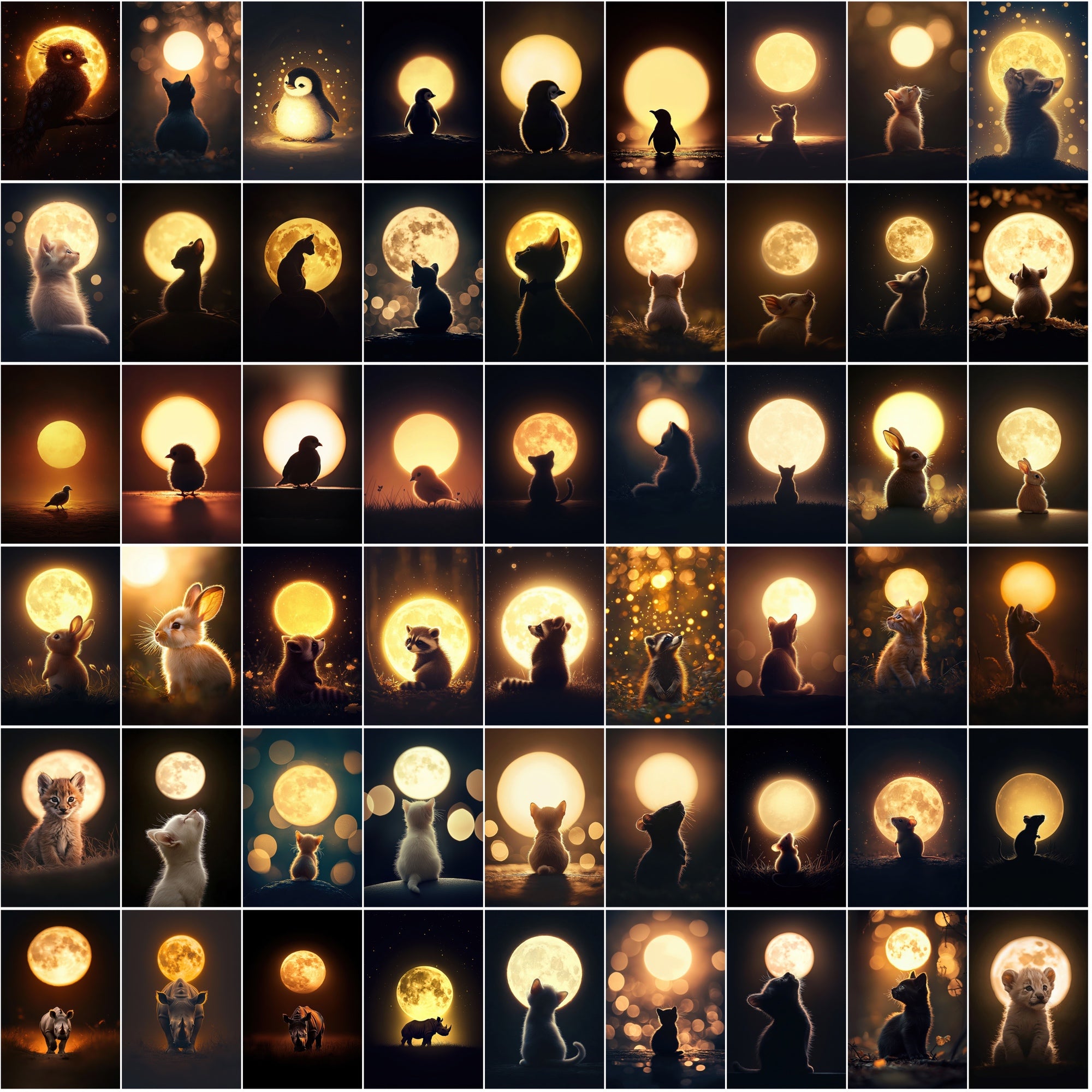 1200 Magical Animal Moon Art Prints – Try 200 Free Samples, Glowing Full Moon in Dark Golden Tones