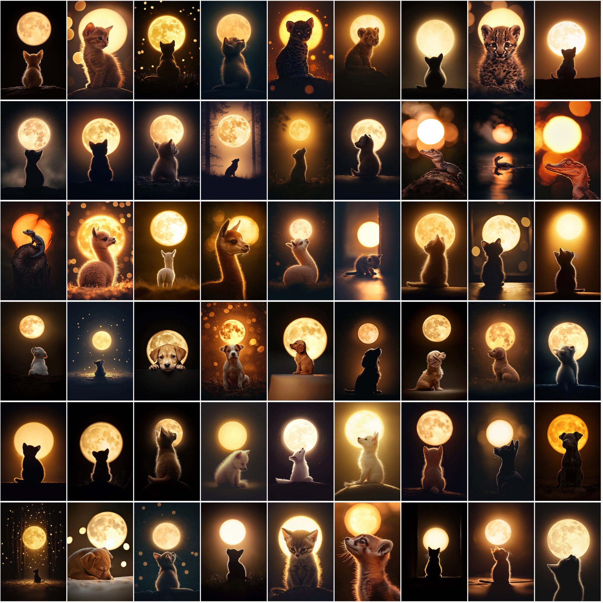 1200 Magical Animal Moon Art Prints – Try 200 Free Samples, Glowing Full Moon in Dark Golden Tones