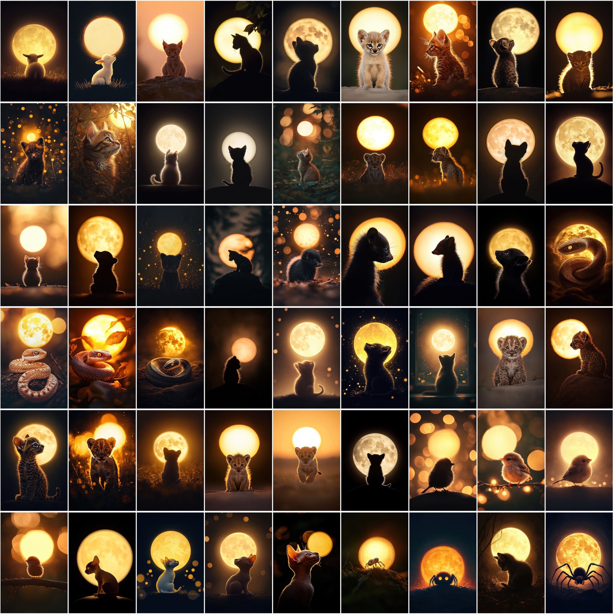 1200 Magical Animal Moon Art Prints – Try 200 Free Samples, Glowing Full Moon in Dark Golden Tones