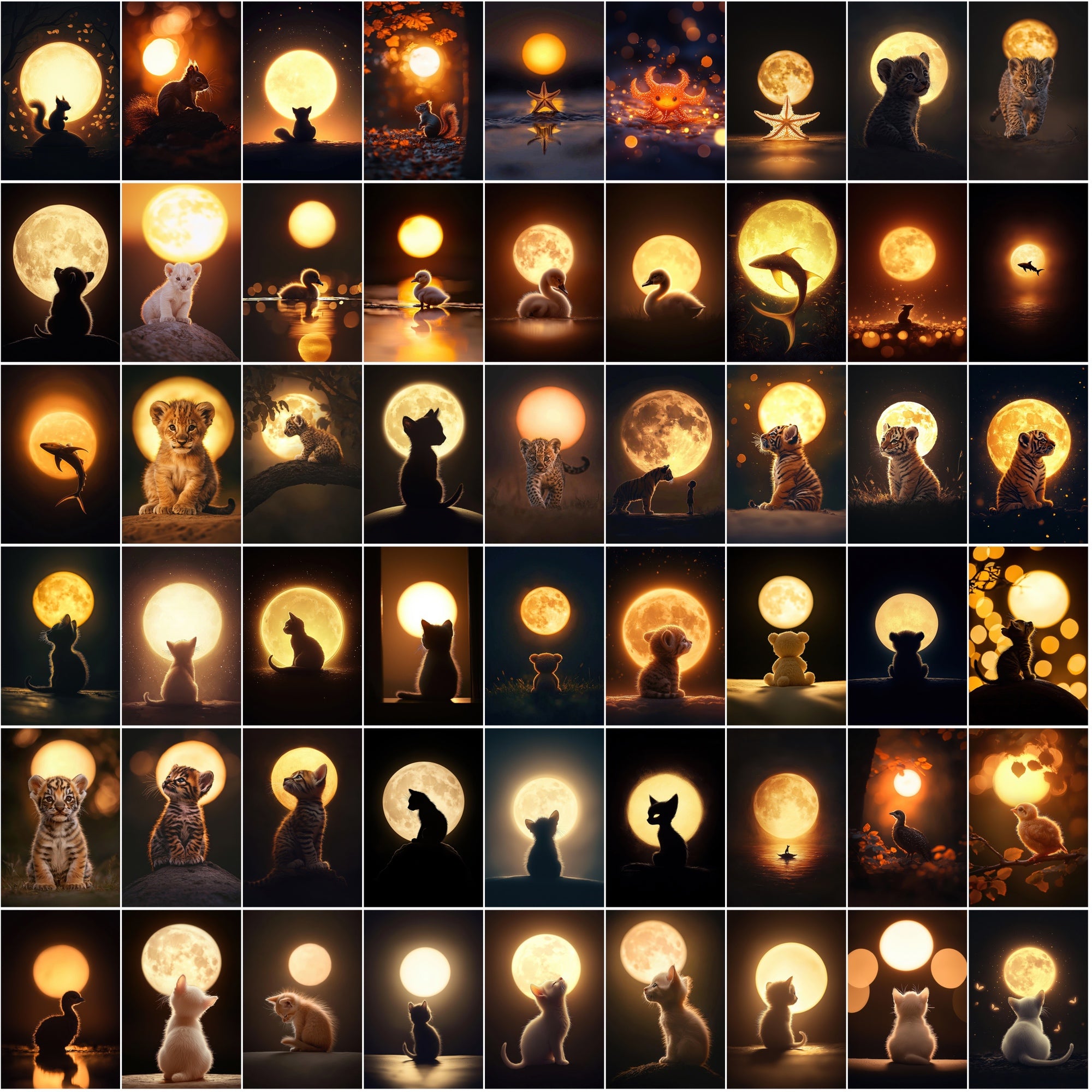 1200 Magical Animal Moon Art Prints – Try 200 Free Samples, Glowing Full Moon in Dark Golden Tones